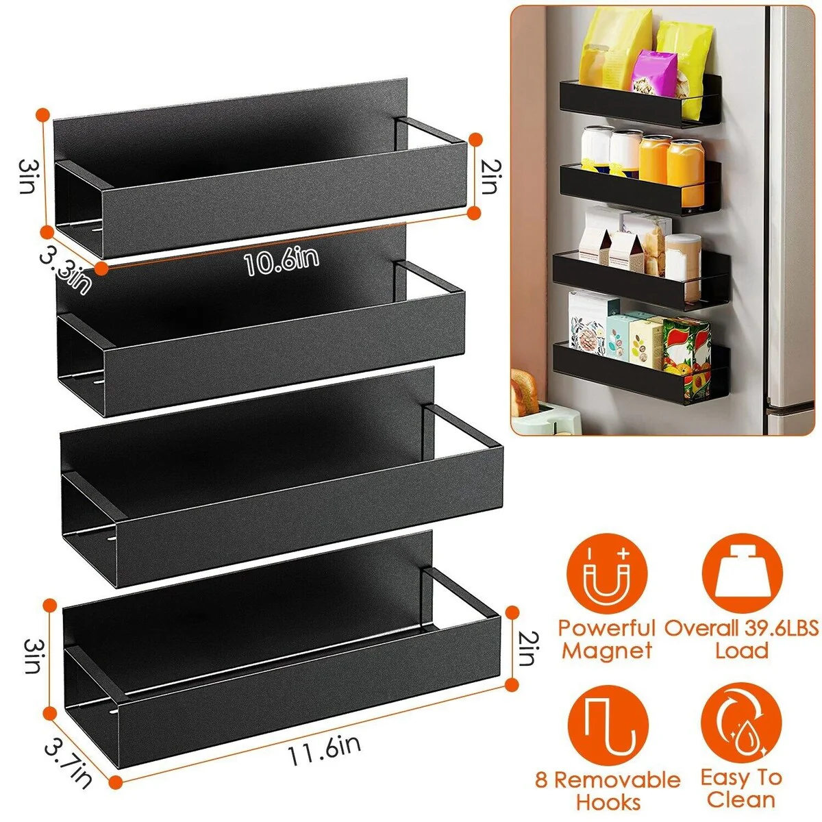 Magnetic Spice Rack 4-Pack with 8 Hooks