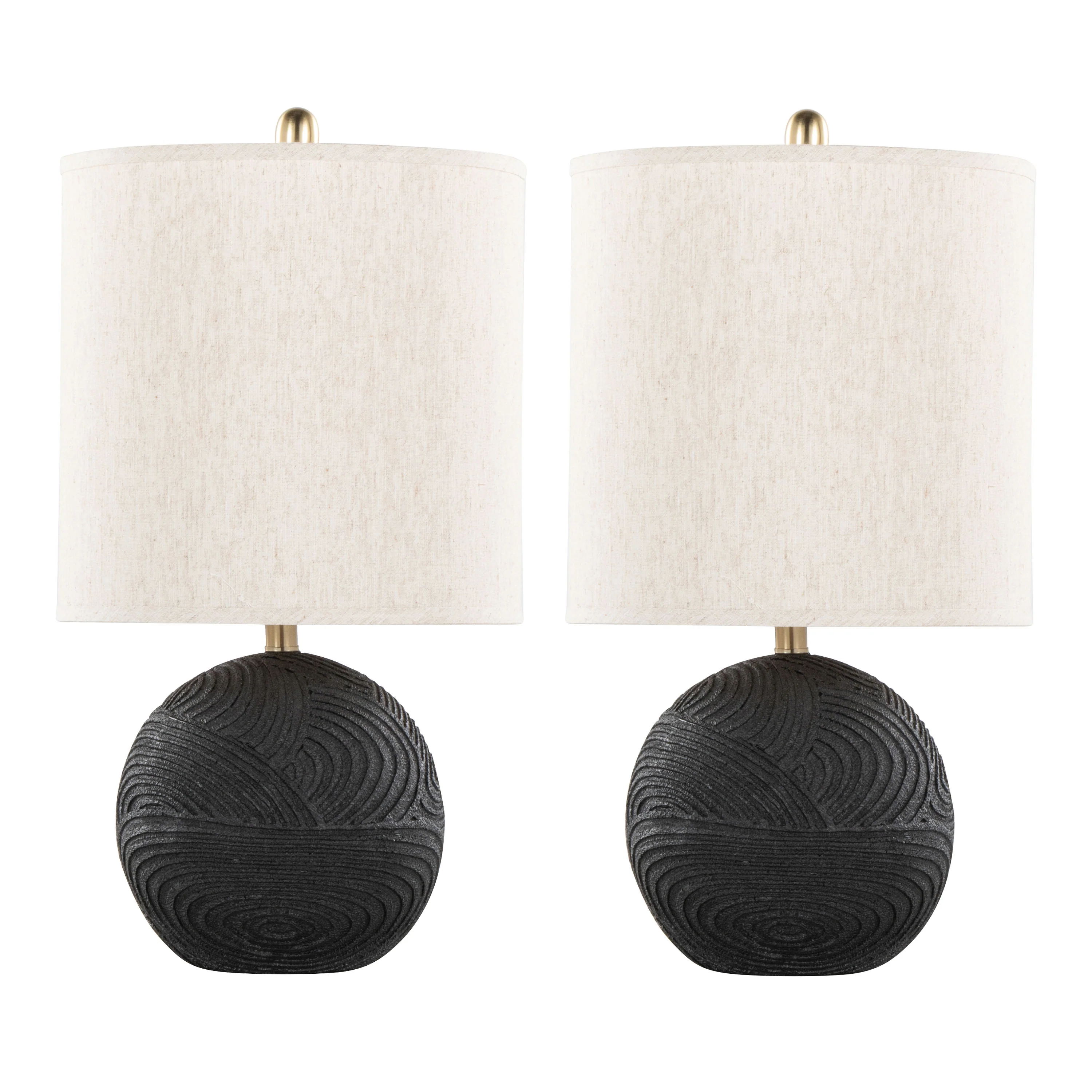 Table Lamp with Spherical Textured Base and Neutral Drum Shade, Set of 2