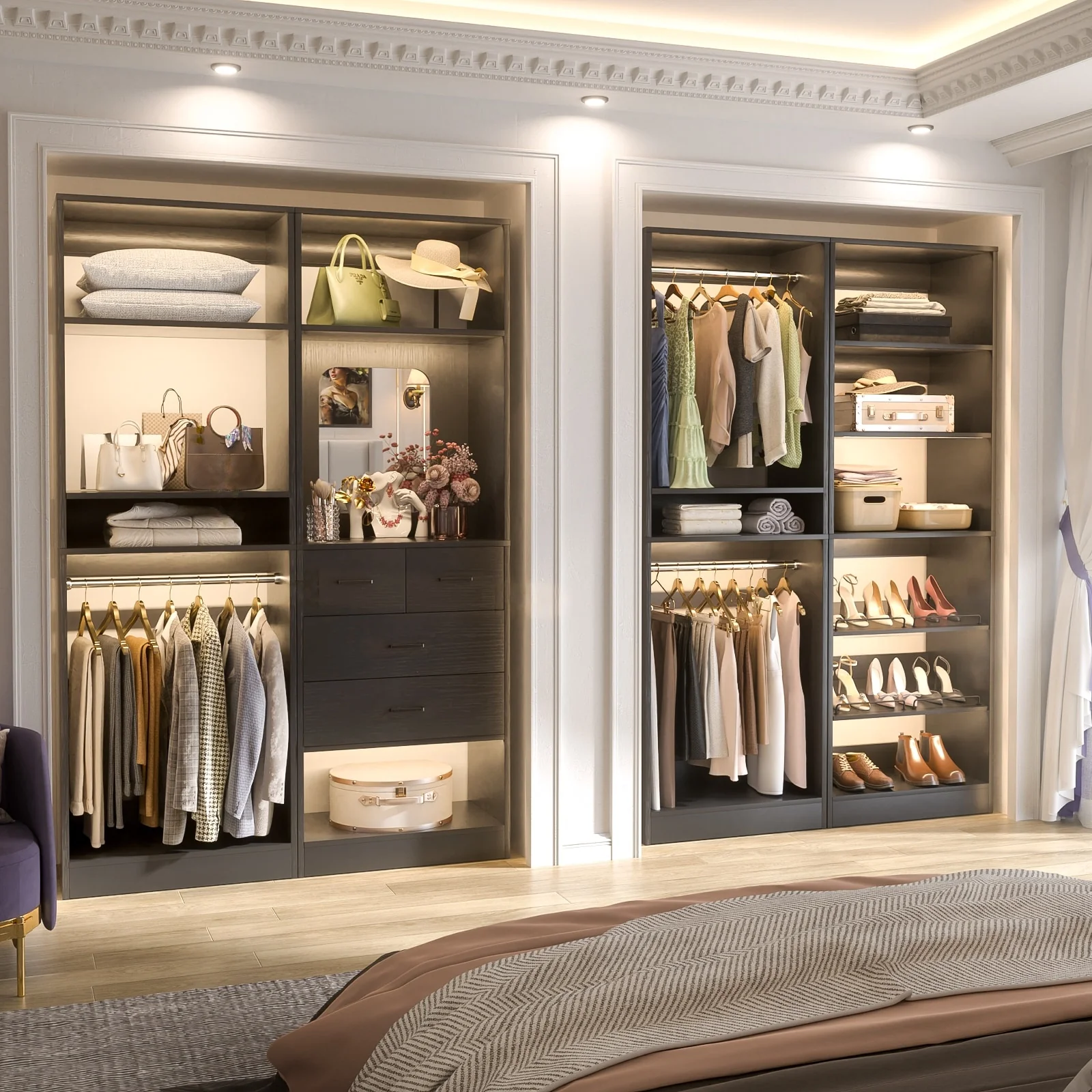 Cimly Set of 2 Free-standing Closet System with Drawers and Hanging Rods for Reach-in/ Walk-in Closet