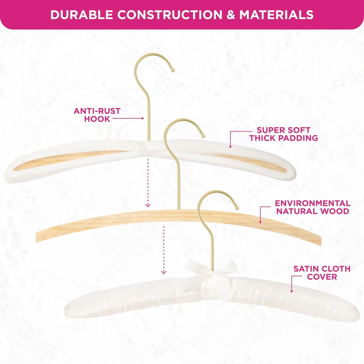 Premium Heavy Duty Thick Satin Padded Hangers Anti Slip - Ivory, Set of 12