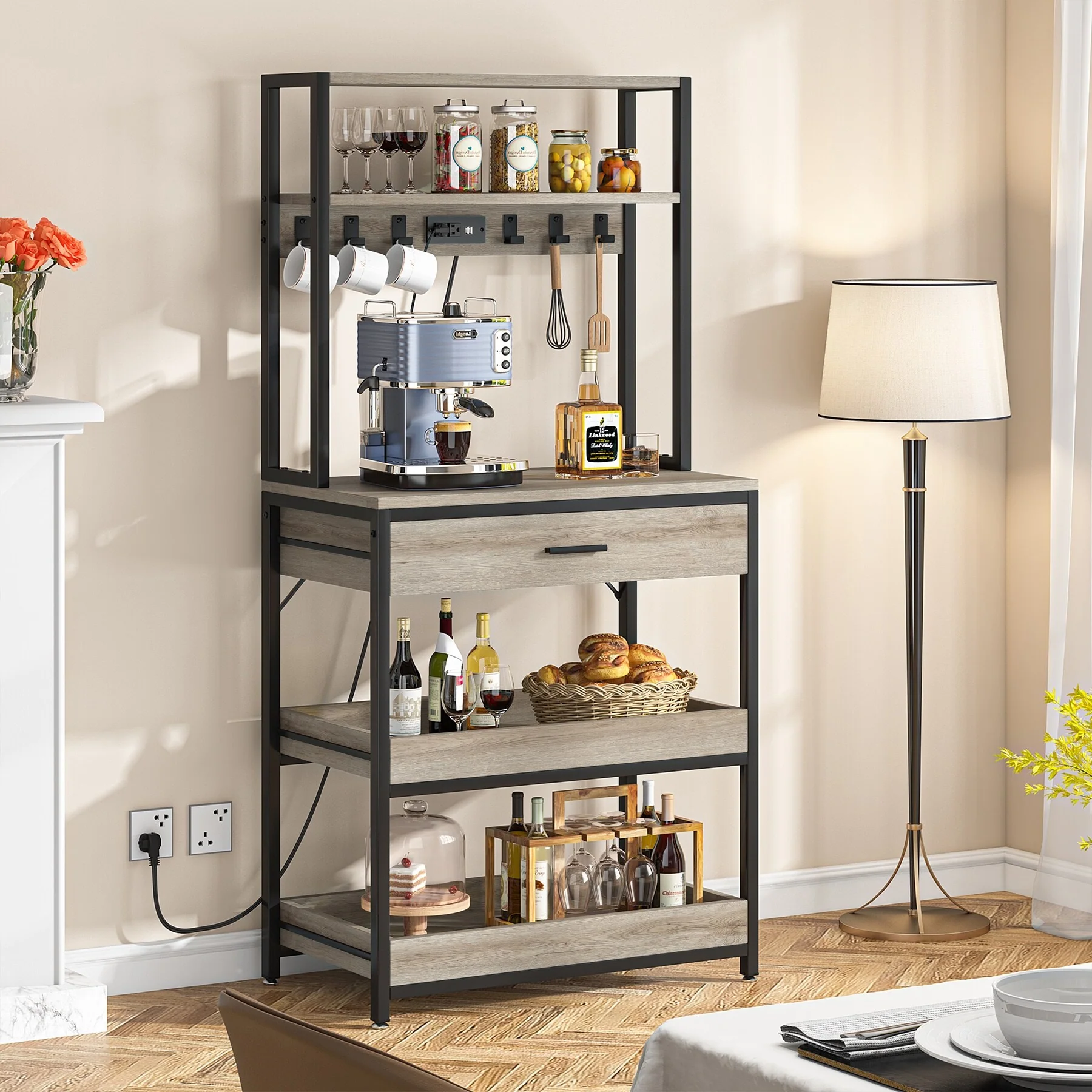 Kitchen Bakers Rack with Power Outlets, High Utility Storage Shelves Microwave Stand with Drawers