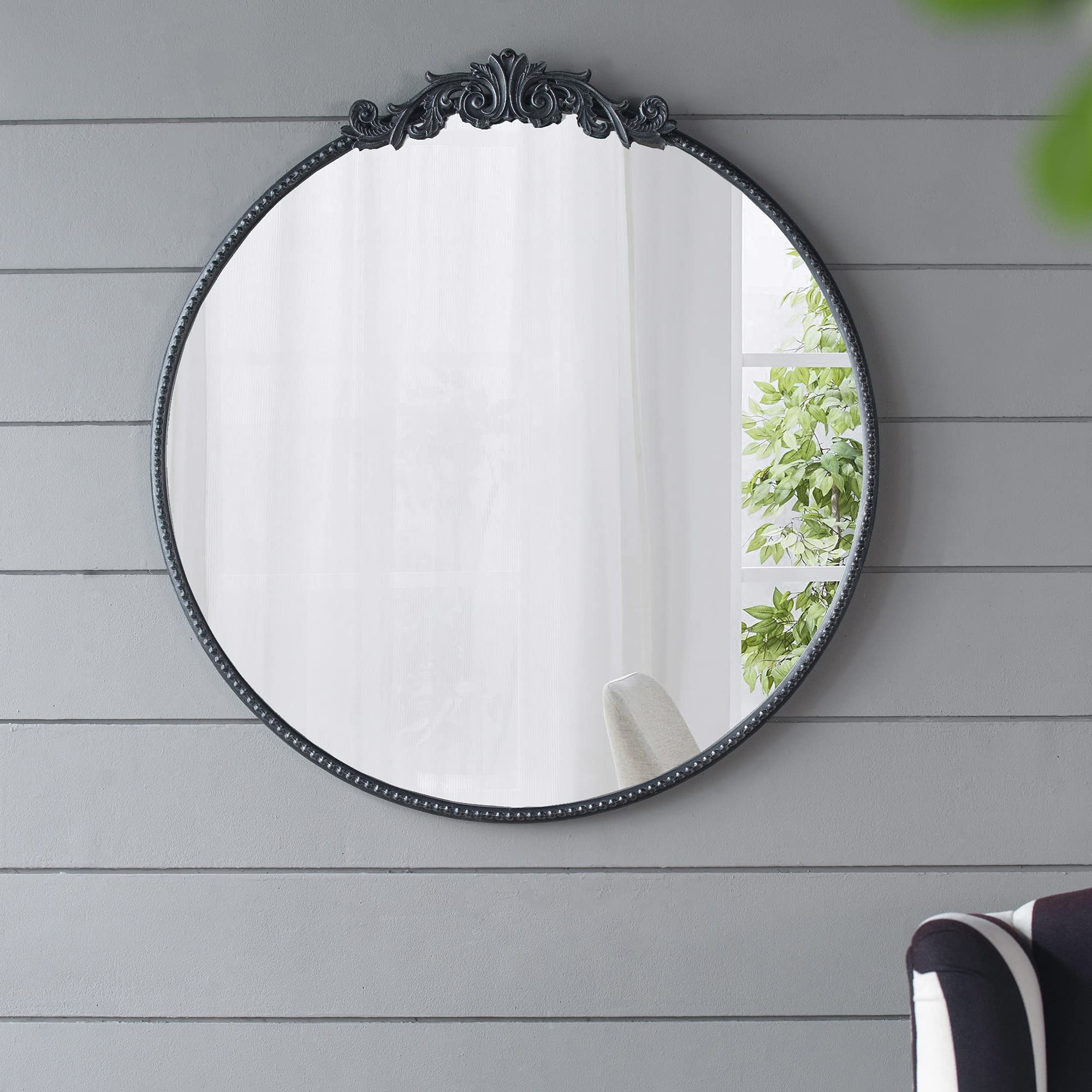 Wall Mirror with Round Shape and Baroque-Inspired Frame