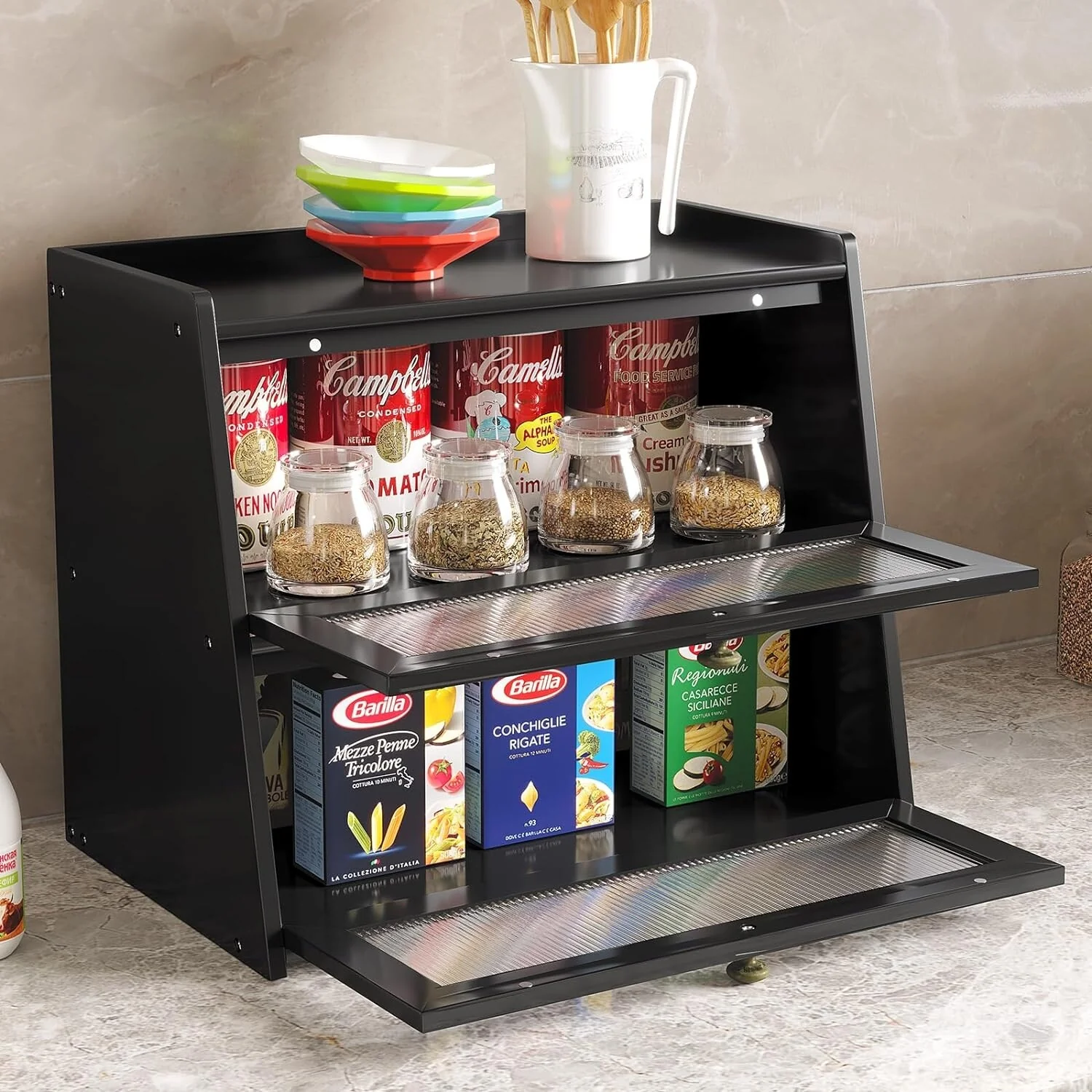 Double Layer Bamboo Bread Box for Kitchen Counter, Large Capacity Bread Storage Bin with Window Bread Holder.