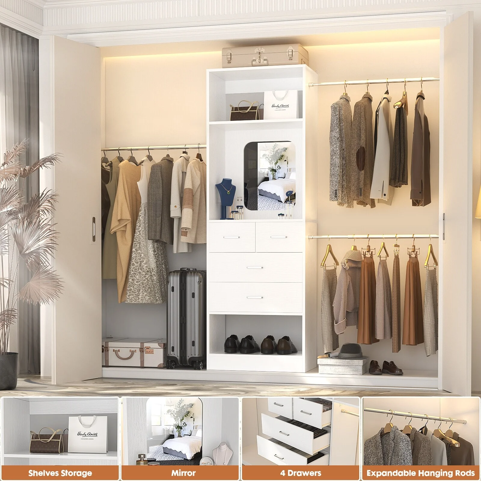 96'' W Closet System with Mirror, 8FT Walk-in Closet Organizer Kits with 4 Wooden Drawers ＆ 3 Extendable Hanging Rods