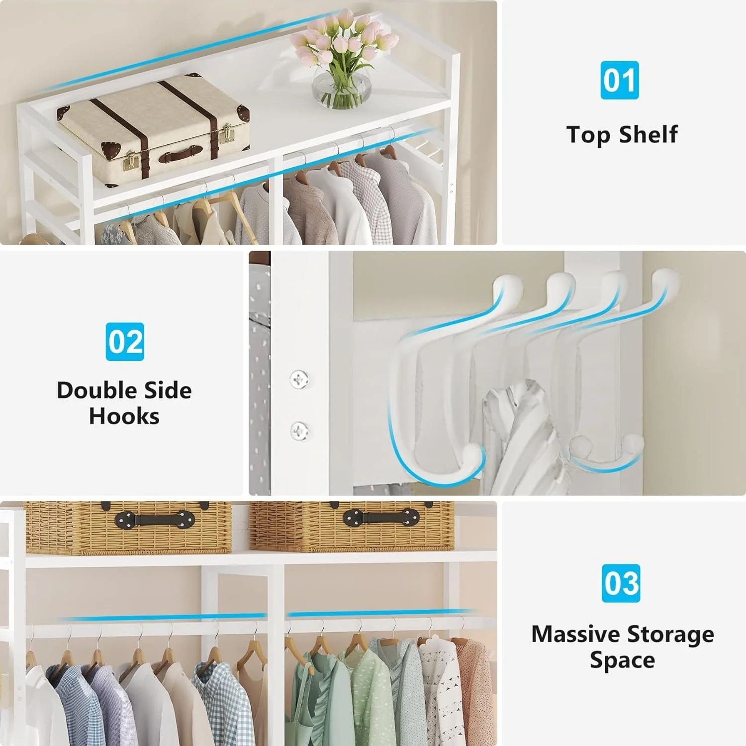 Freestanding Open Wardrobe Closet, Heavy Duty Garment Rack Closet Organizer, Rustic Brown