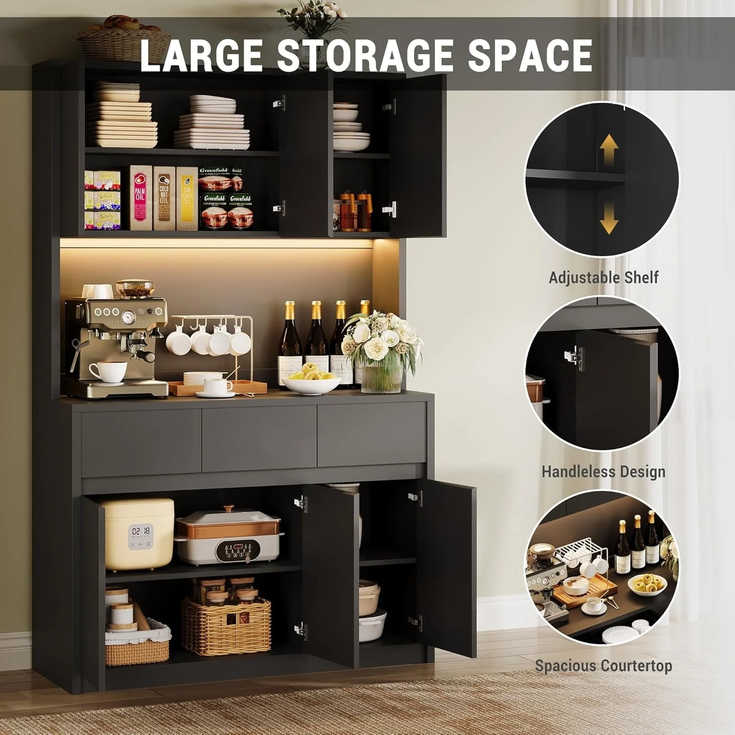 Large Kitchen Pantry with Microwave Countertop and LED Lights