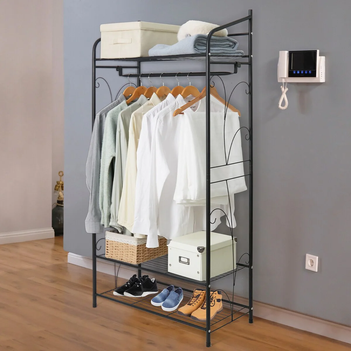 Multifunctional Clothes Rack Stand Metal Shelf Shoes with Shelves Hanging