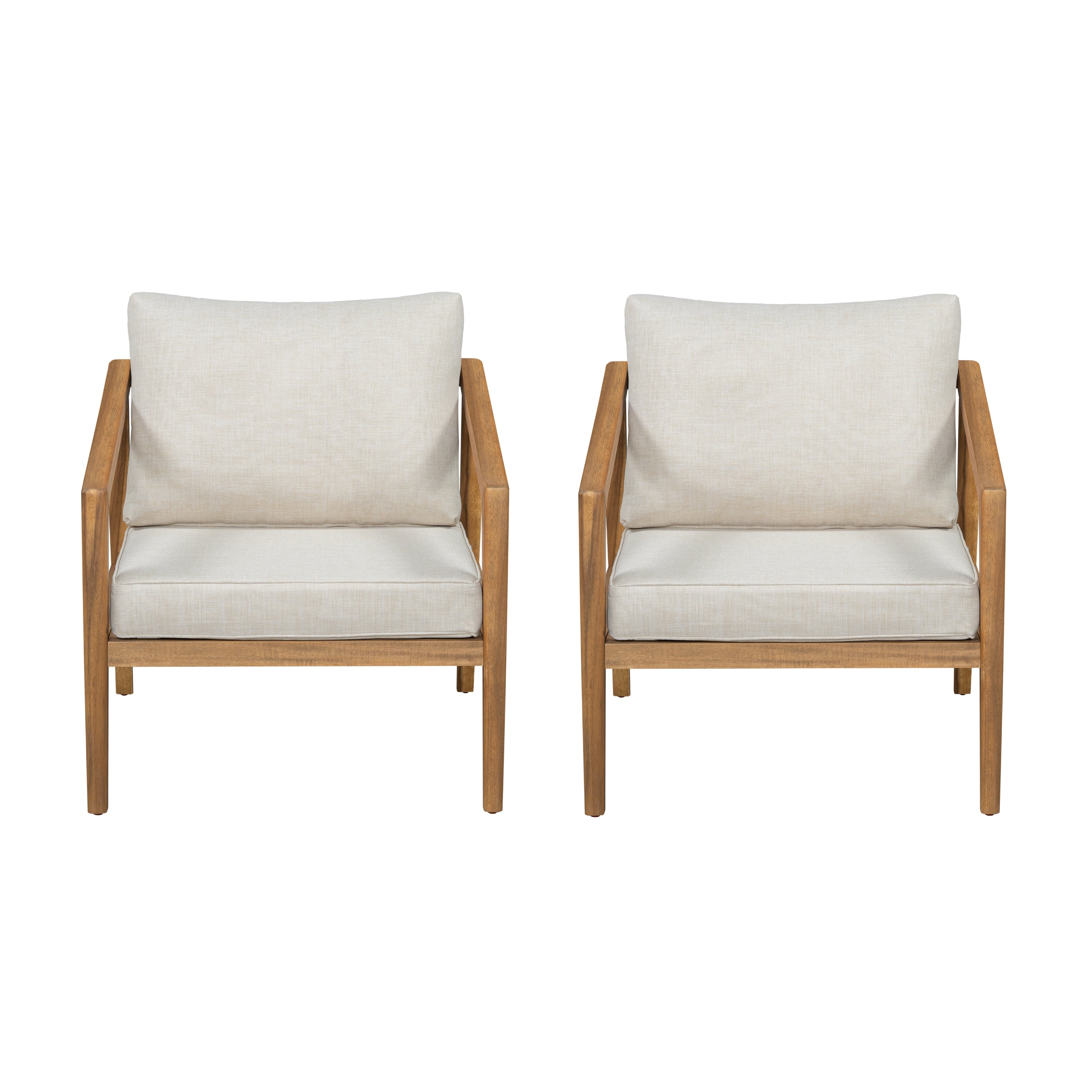 Wondered Outdoor Acacia Wood Club Chair with Slatted Back and Removable Cushions, Set of 2