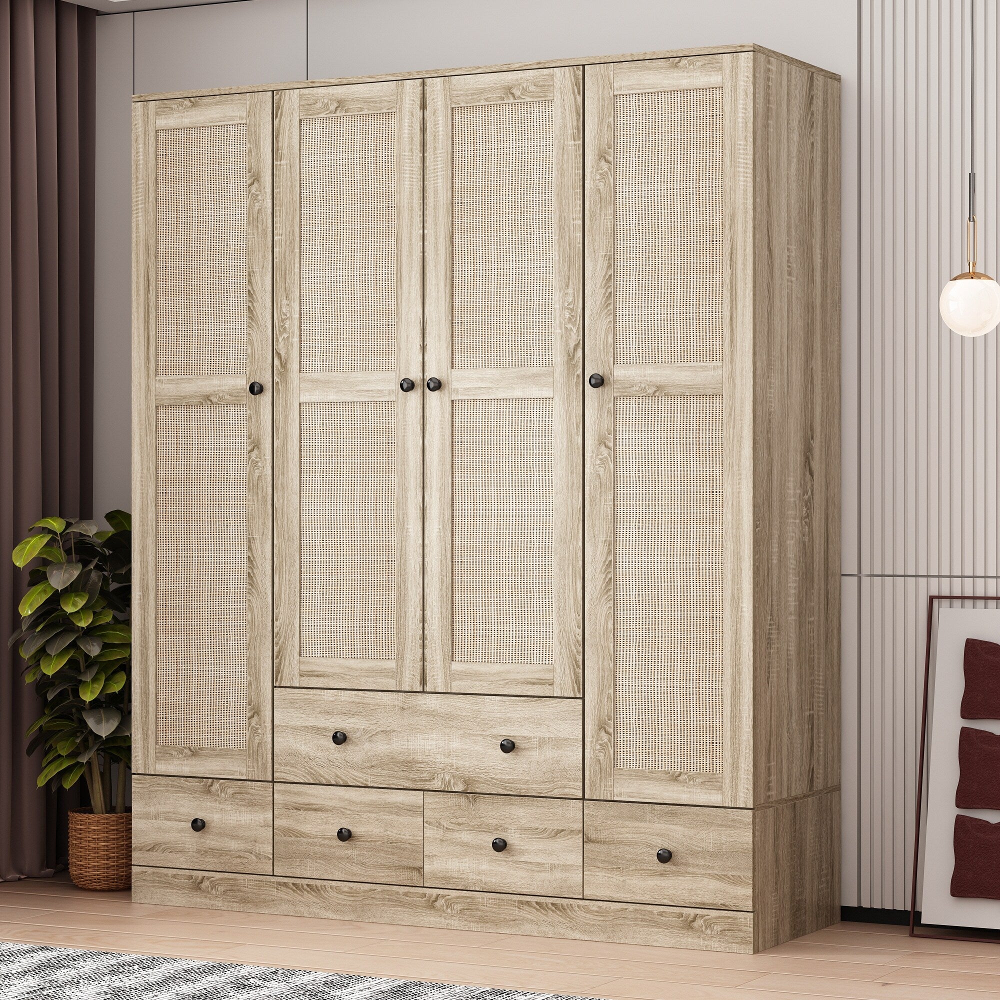 Large Storage Wardrobe Versatile Rattan Door Closet with Deep Drawers