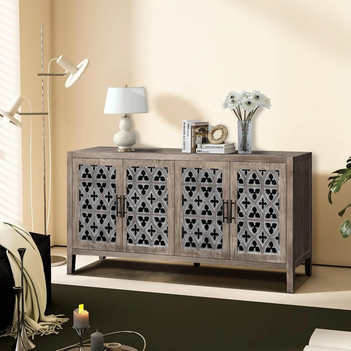 Roomfitters Hollow Four Door Antique Cabinet - American Country Style, Ideal for Living Room, TV Cabinet, Kitchen