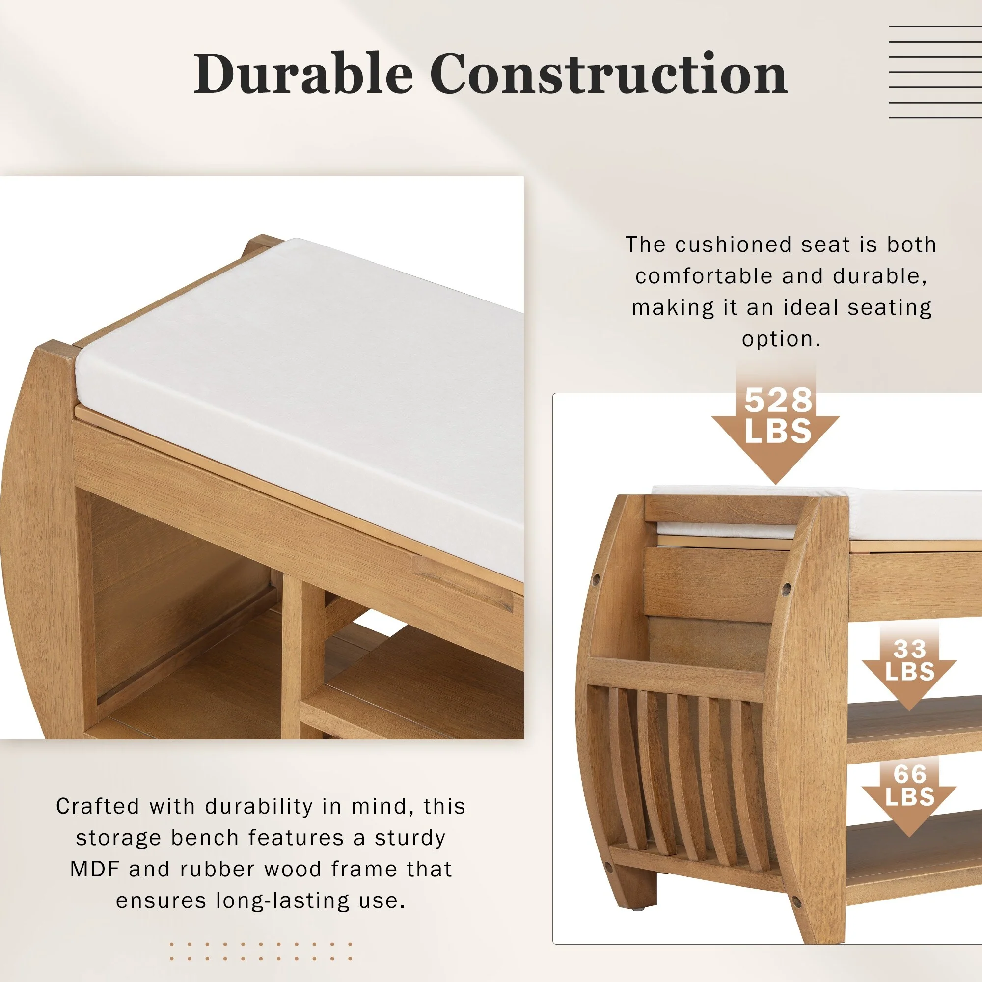 Multifunctional Storage Bench with Cushion and Curved Side Panel for Entrance and Living Room