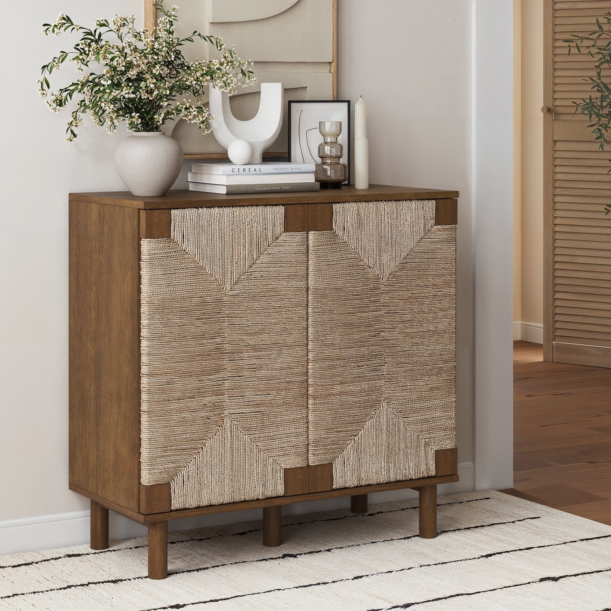 Nathan James Beacon Wood Accent Cabinet with Seagrass Doors and Adjustable Shelf