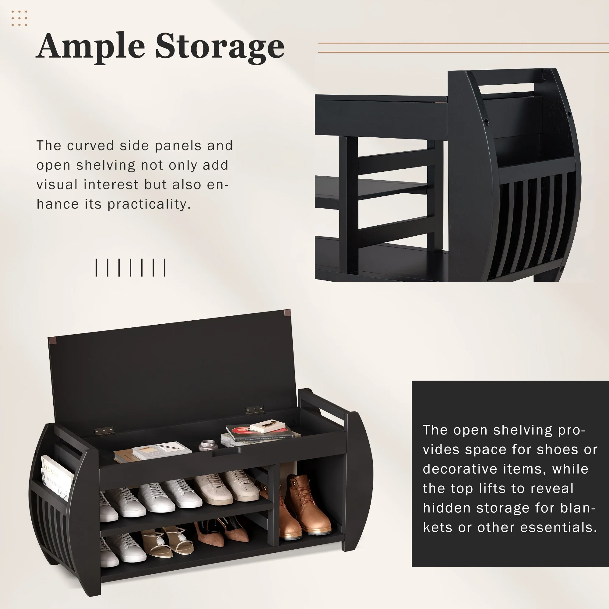 Multifunctional Storage Bench with Cushion and Curved Side Panel for Entrance and Living Room