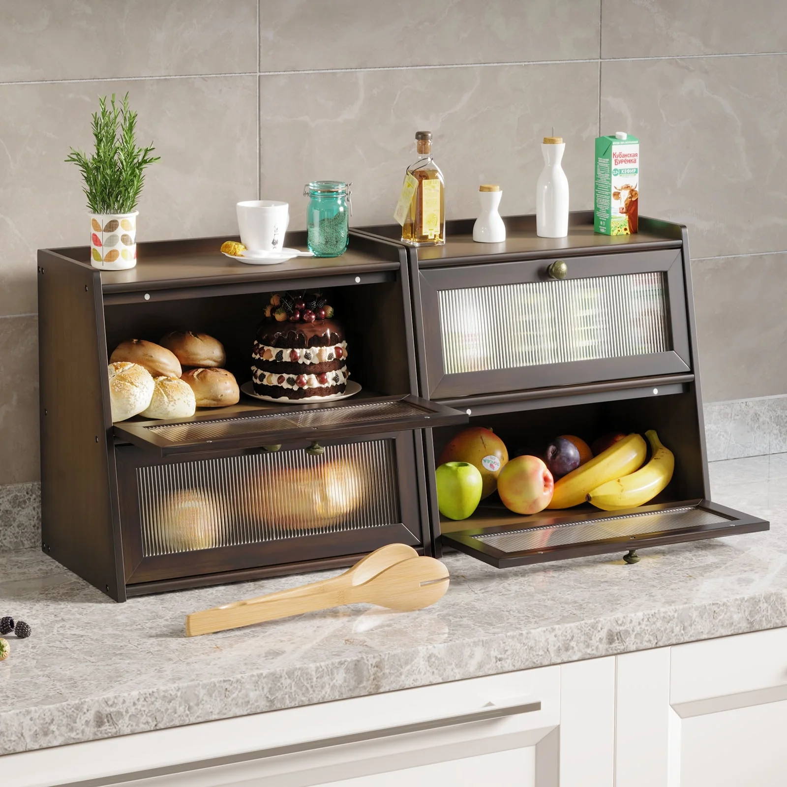 Double Layer Bamboo Bread Box for Kitchen Counter, Large Capacity Bread Storage Bin with Window Bread Holder.