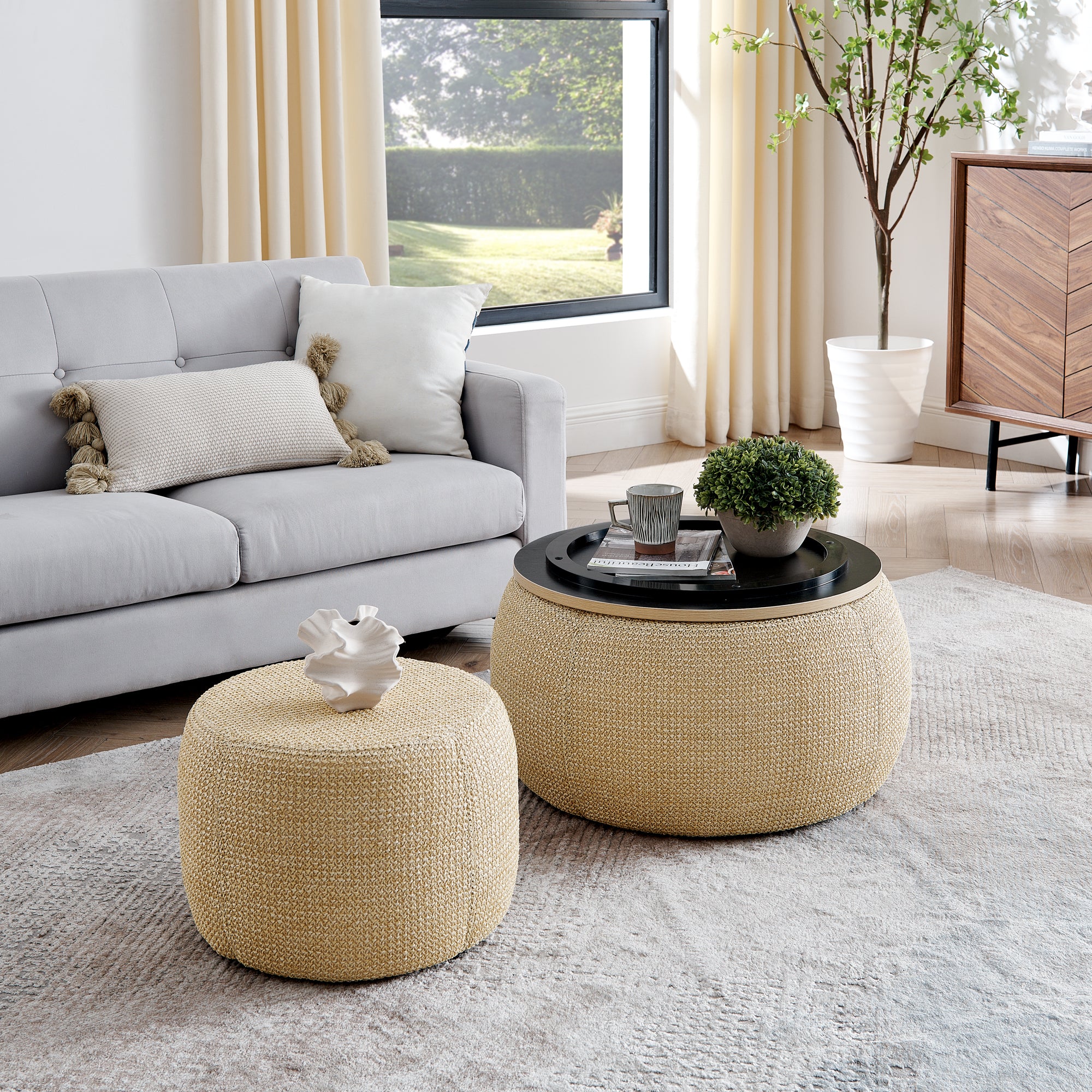 Storage Ottoman Set with Dual Functionality, Serves as an End Table and Seat