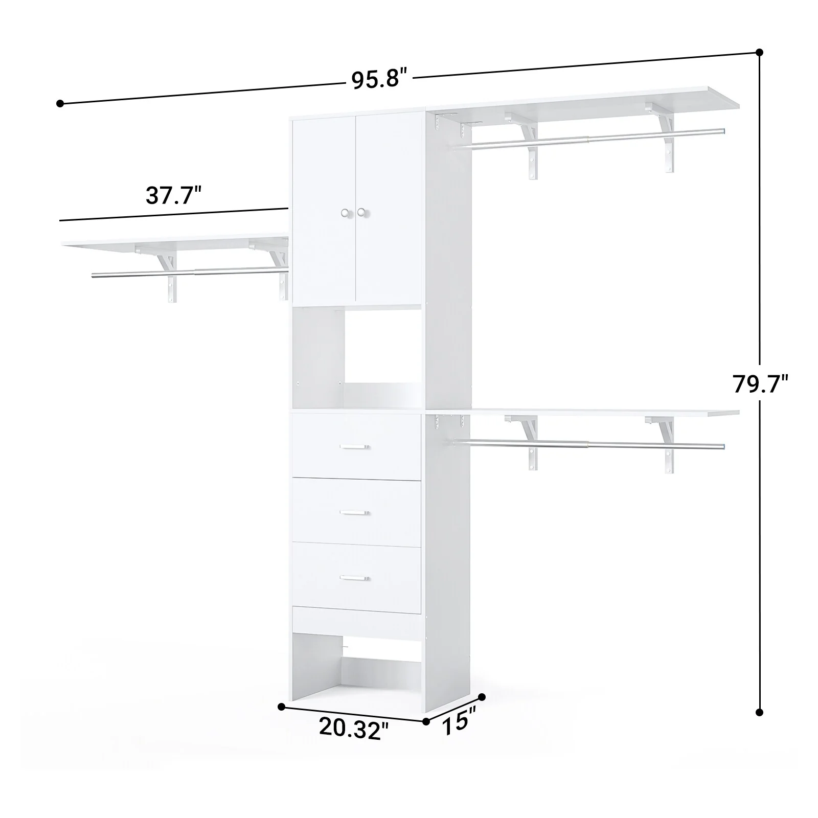 20''-96'' Wide Wooden Closet Organizer With Doors, Adjustable Closet System with Drawers and Hanging Rods
