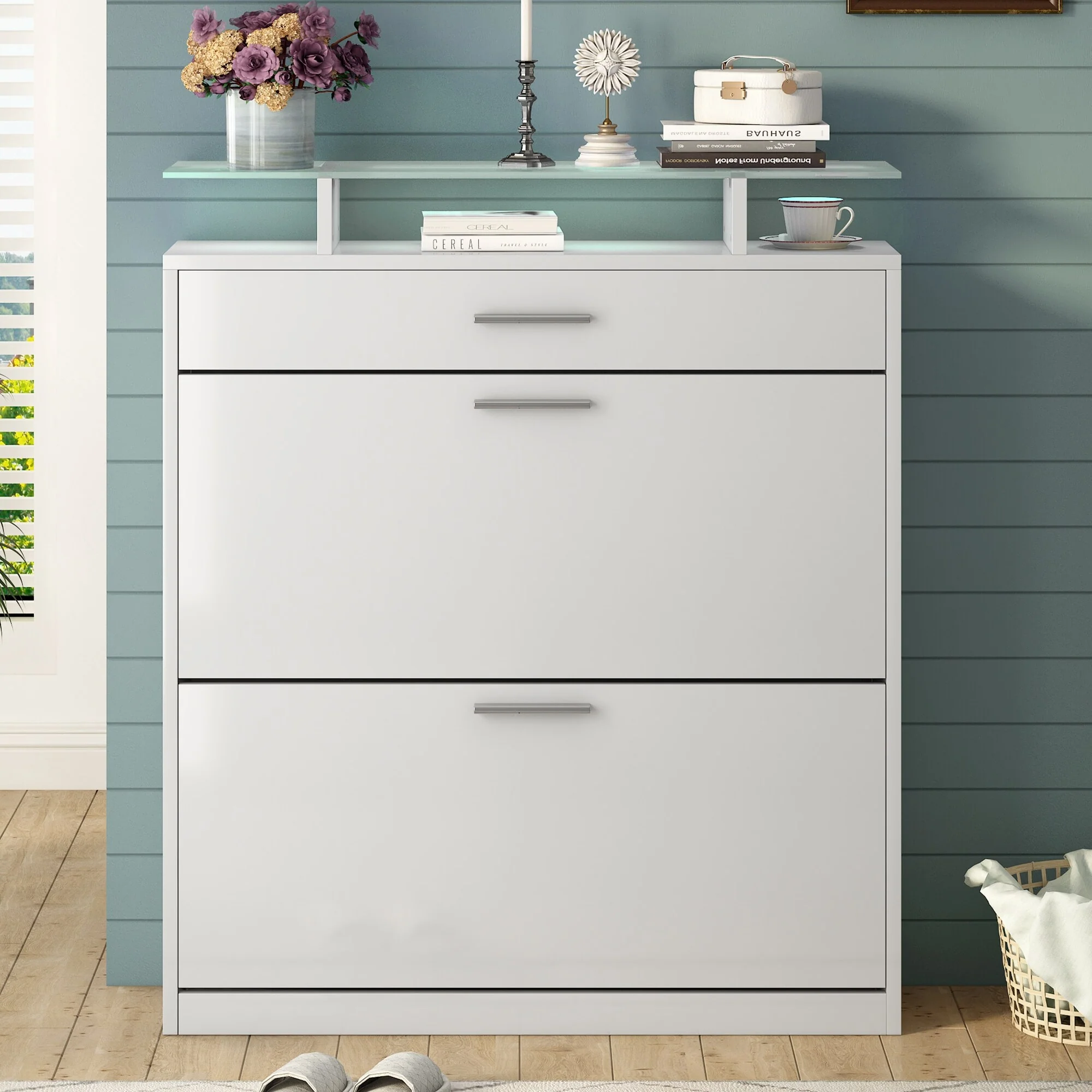 ON-TREND Slim Entryway Organizer with LED Light, two Flip Drawers, and Tempered Glass Top