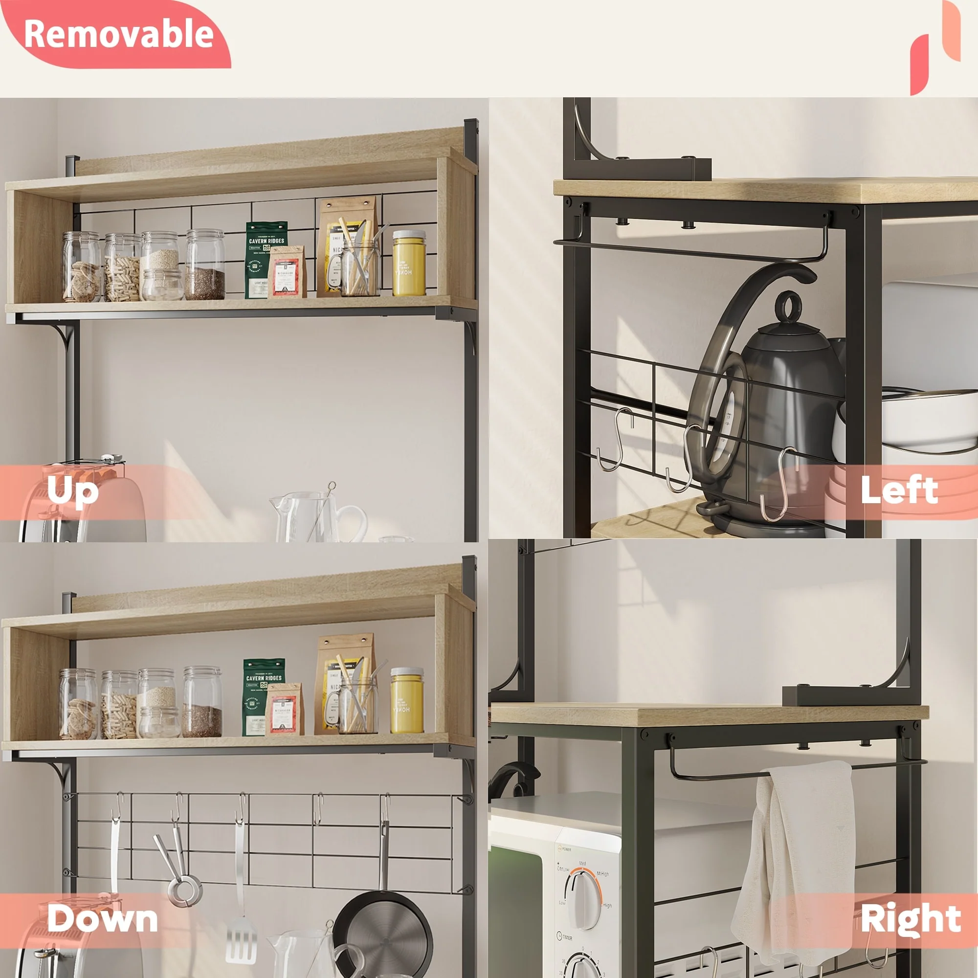 63 Inch Kitchen Baker's Rack with Hutch 8 Side Hooks