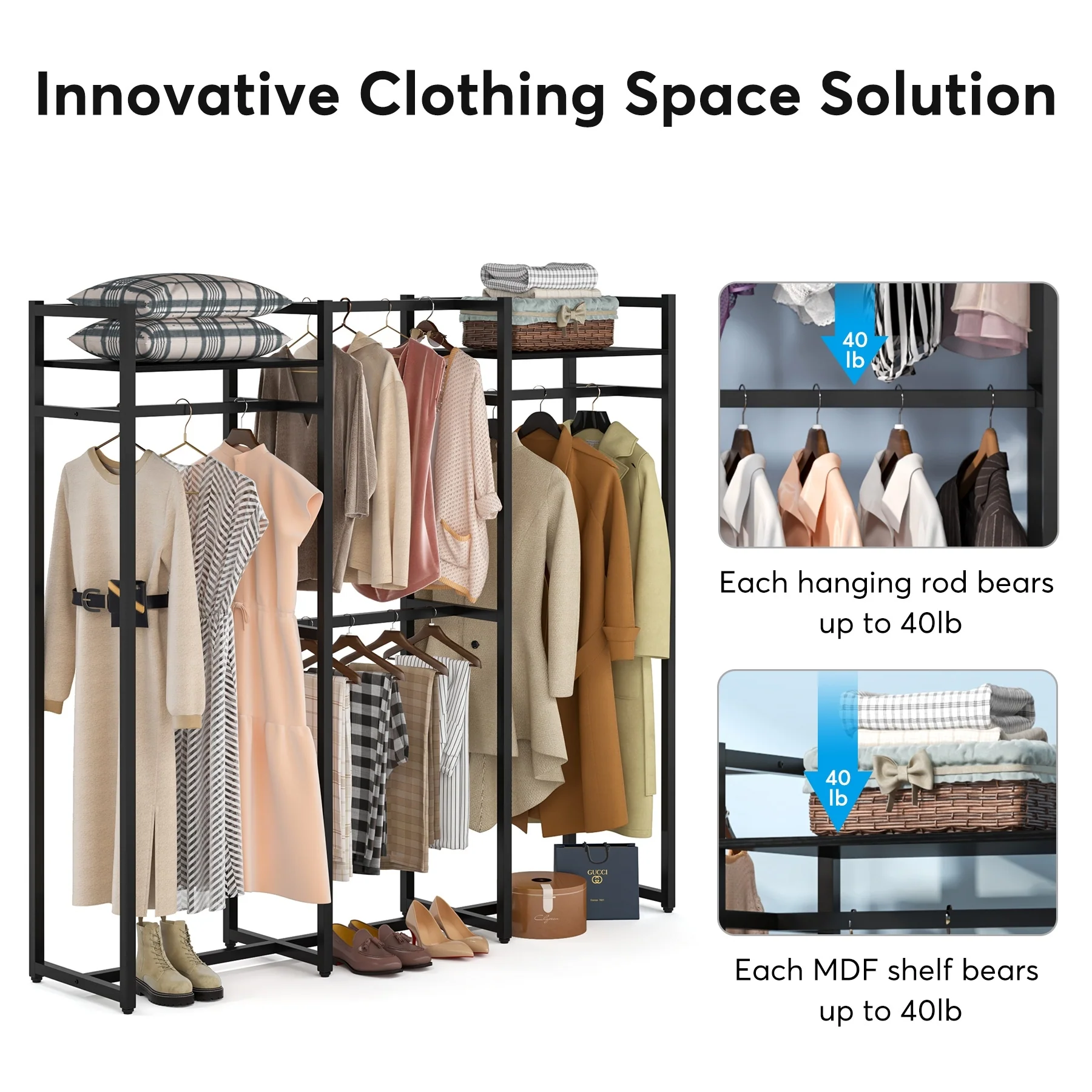 Garment Rack Heavy Duty Clothes Rack Free Standing Closet Organizer with Shelves and 4 hanging Rods - 18