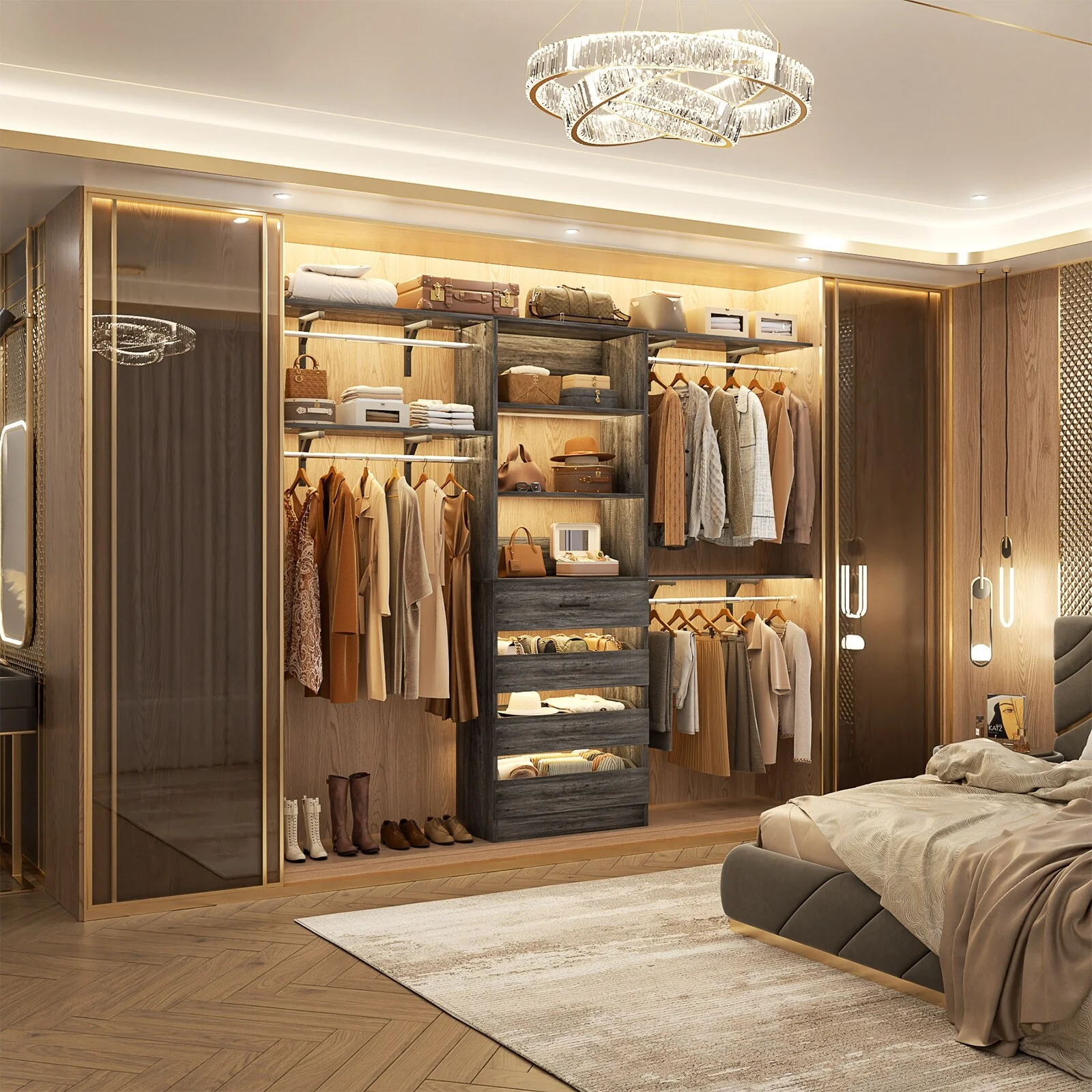 Rackcog 96'' Closet System with 4 Drawers and 4 Hanging Rods, 8FT Wood Closet Organizer for Walk-in Closet