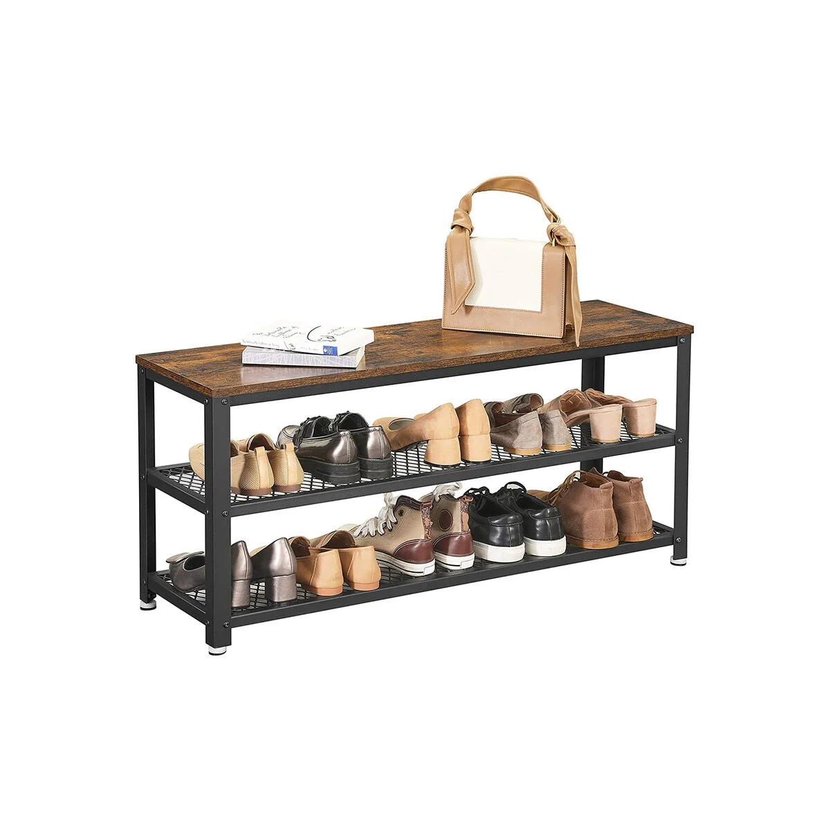 VASAGLE Industrial Shoe Bench, 3-Tier Shoe Rack, 39.4 Inches Long Storage Shelves, for Entryway
