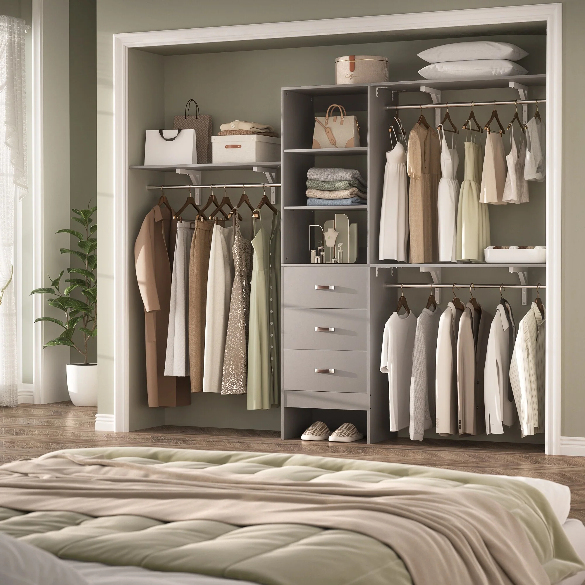 Rackcog 120'' Closet Organizer with Drawers, Closet System with DIY Shelves for Reach-in and Walk-in Closet