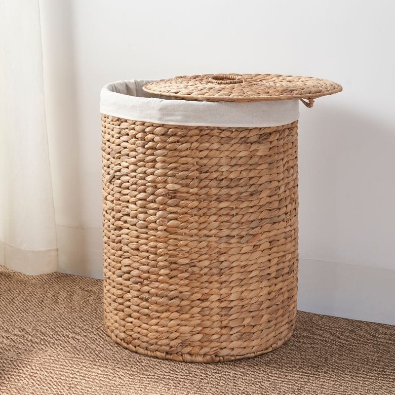 Ludmilla Round Tall Water Hyacinth Woven Wicker Laundry Hamper with Lid 15