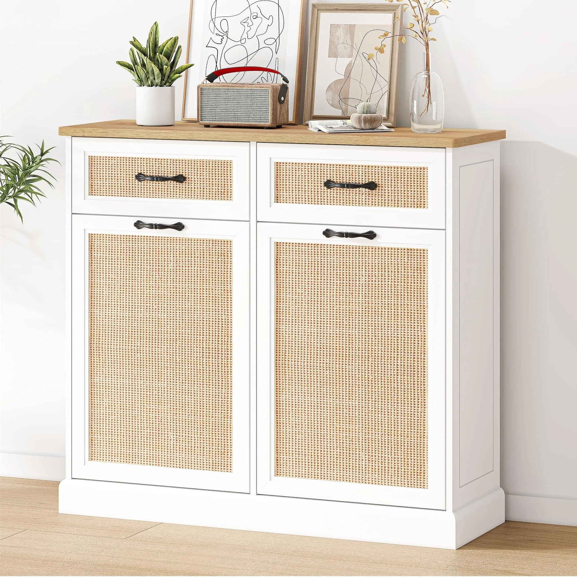 Rattarn Kitchen Tilt Out Trash Can Cabinet with Drawer