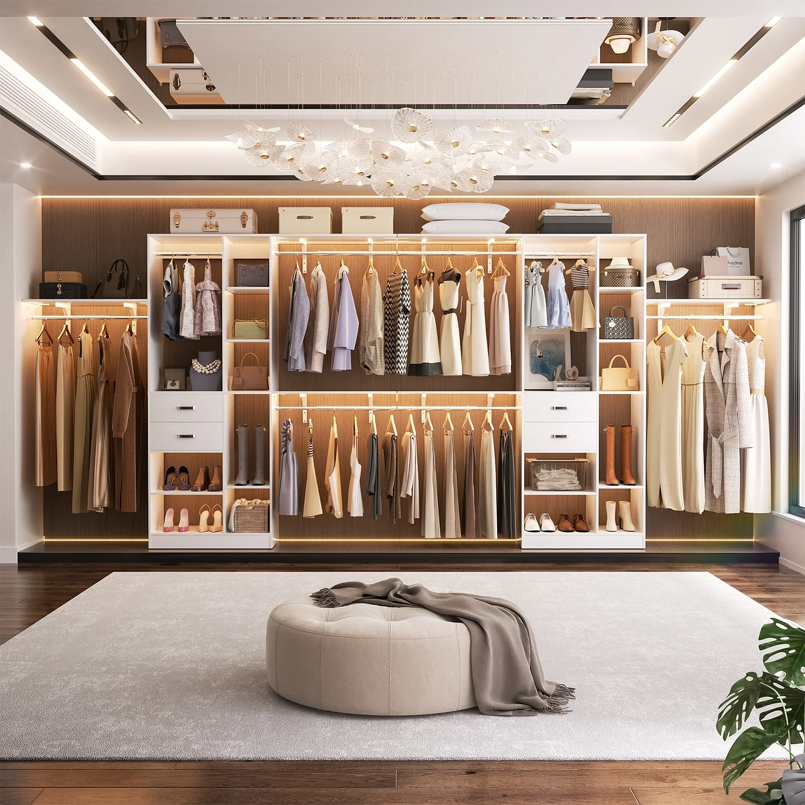 31.5'' to 96'' W Closet Organizer System with Drawers and Tower Shelves for Reach-in and Walk-in Closet