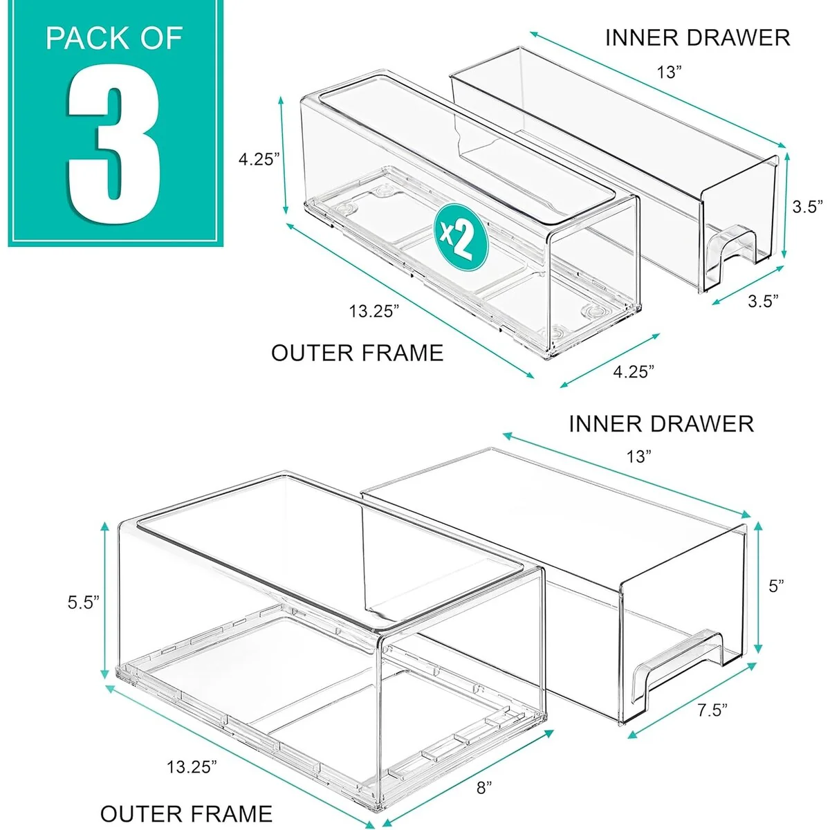 Sorbus Fridge Drawers Clear Stackable Pull-Out Refrigerator Food Kitchen Freezer - 1 Large, 2 Small Stackable Bins (3 Pack)