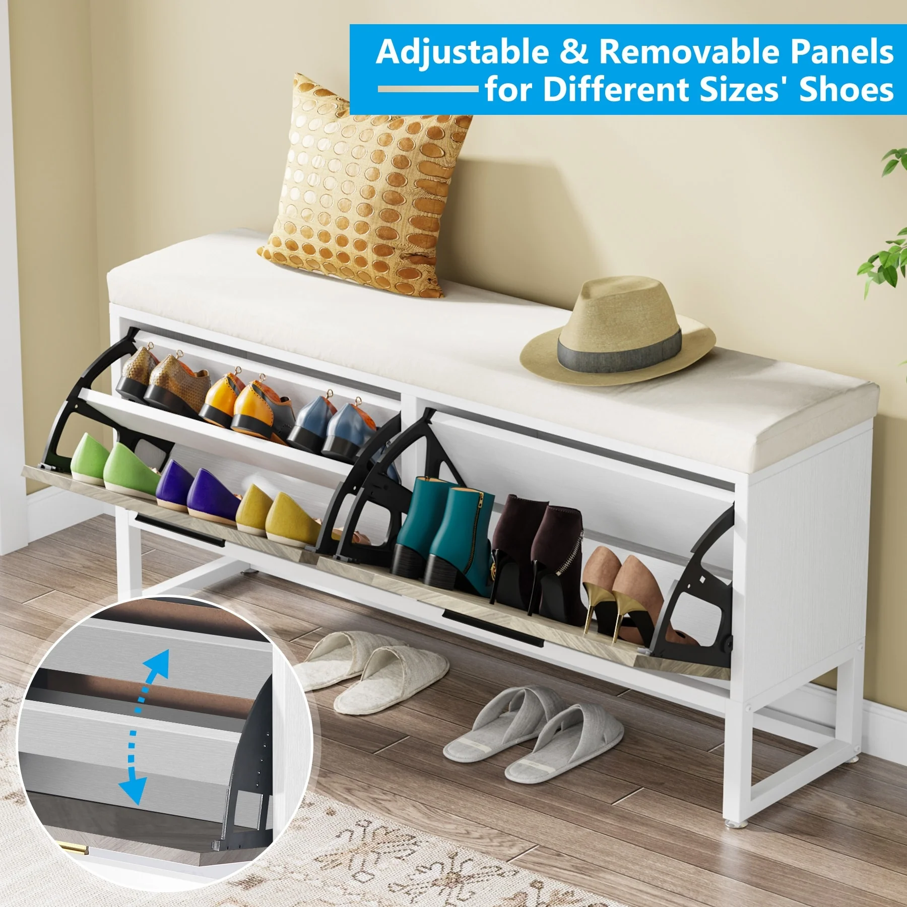 Shoe Storage Bench with Cushion, Entryway Shoe Bench with 2 Flip Drawers