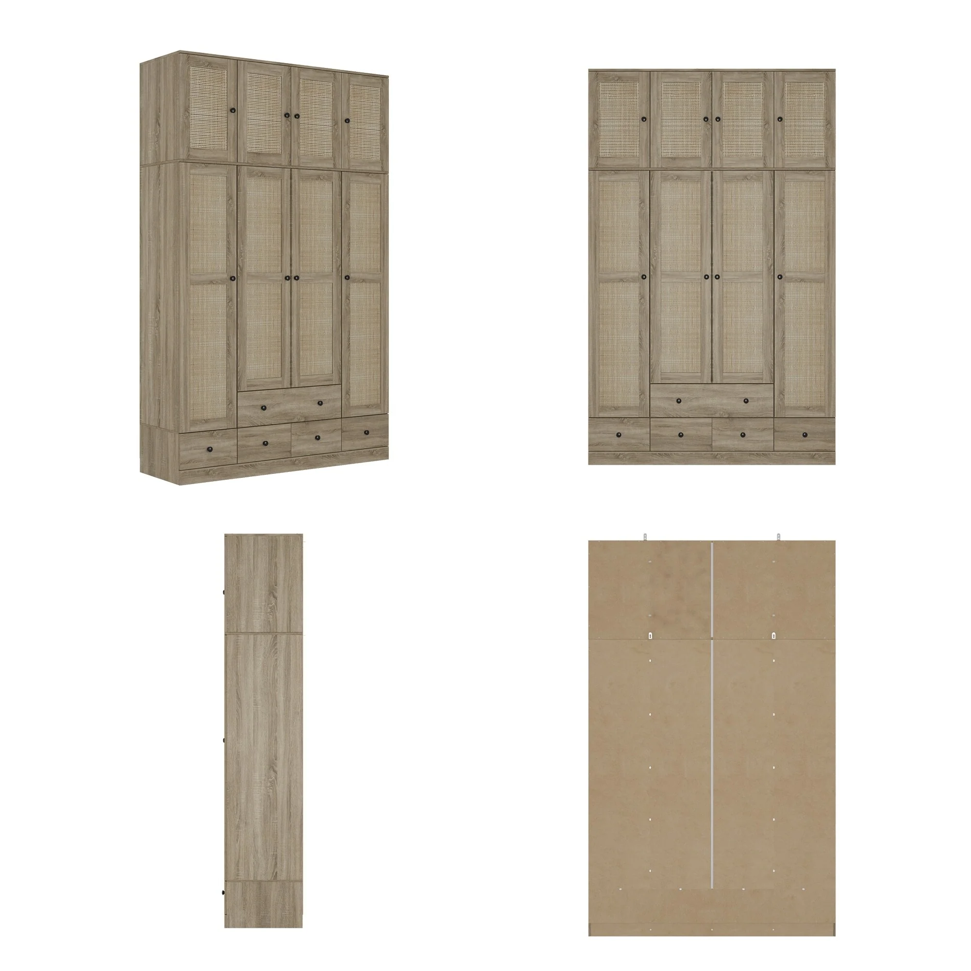 Large Storage Wardrobe Versatile Rattan Door Closet with Deep Drawers