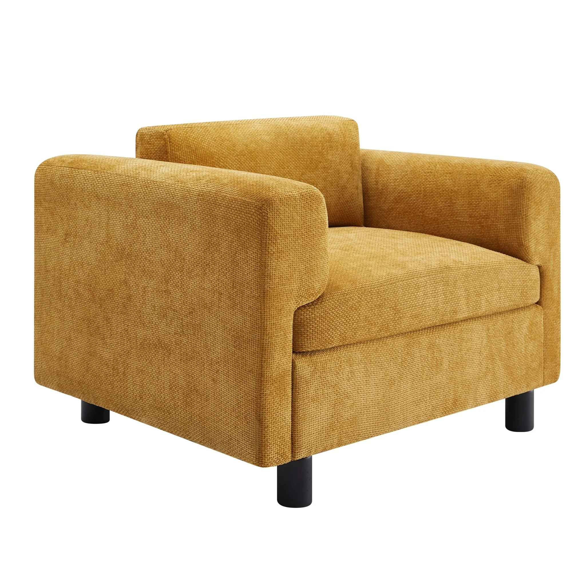 Elixired Upholstered Arm Chair with Tucked Armrests and Round Rubberwood Legs