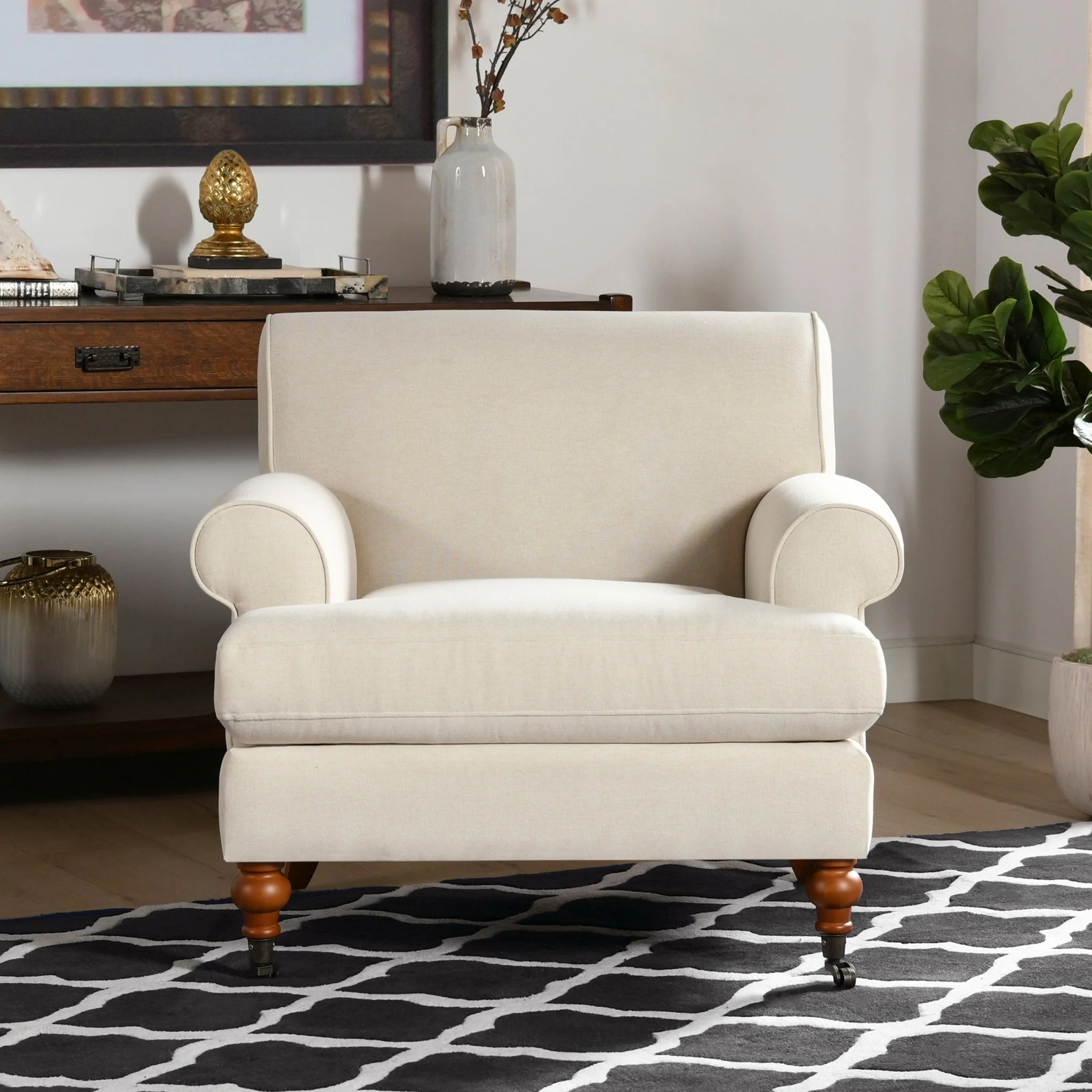 Cobaltex Upholstered Arm Chair with Metal Casters and Rolled Arms