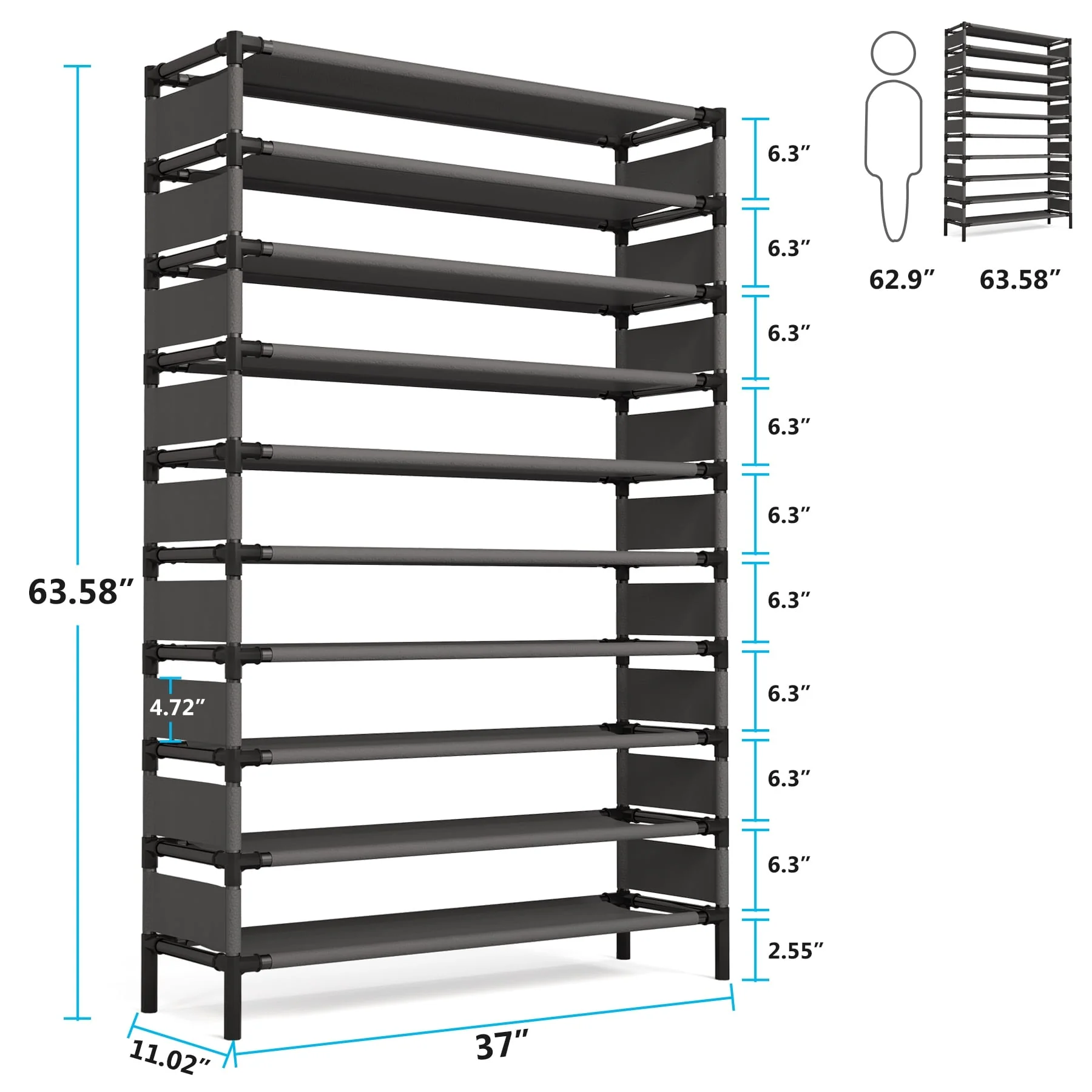 10 Tiers Shoe Rack, Large Capacity Shoe Organizer, Shoe Shelf for 50 Pair - 10-tier
