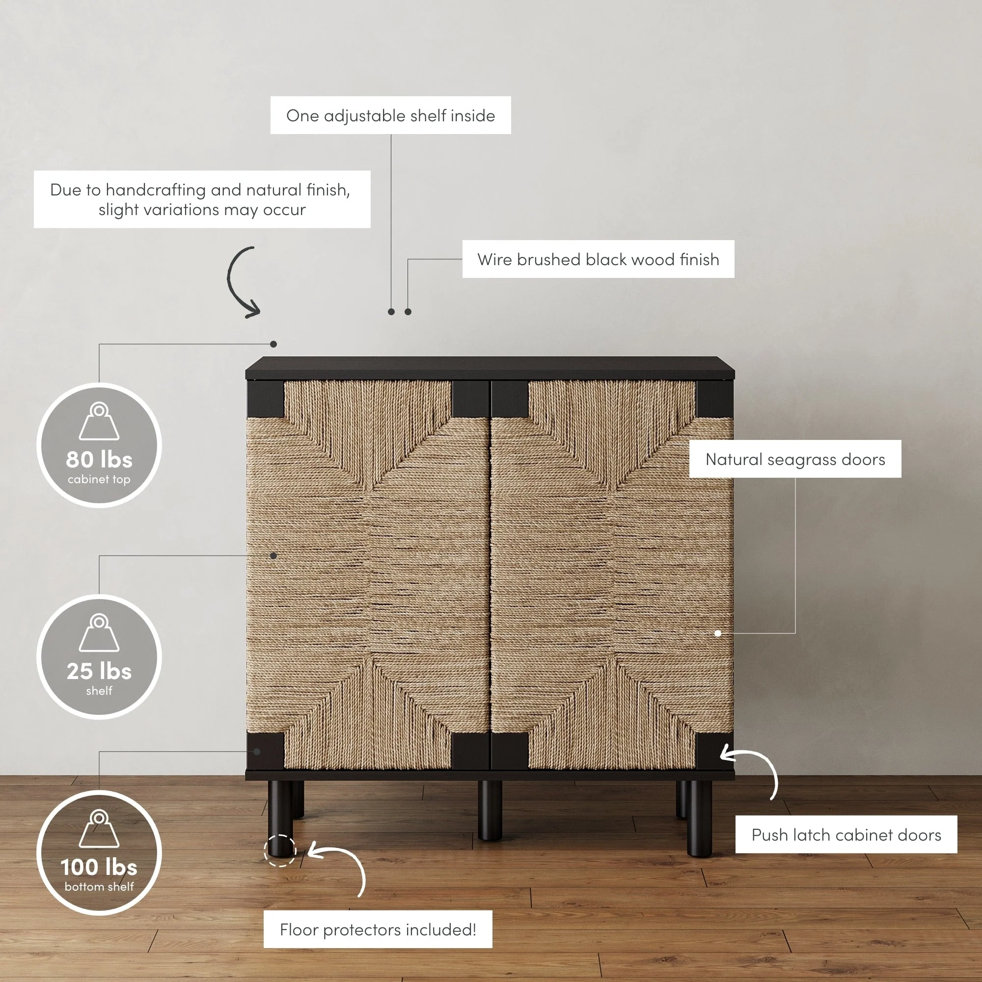 Nathan James Beacon Wood Accent Cabinet with Seagrass Doors and Adjustable Shelf