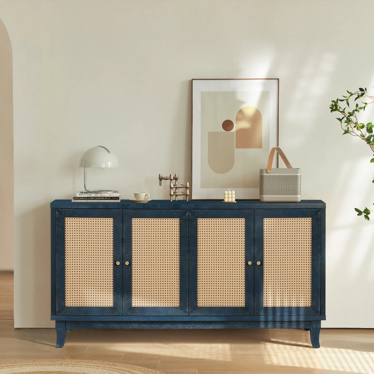 Sideboard with 4 Rattan Doors and Adjustable Shelves, Navy Blue