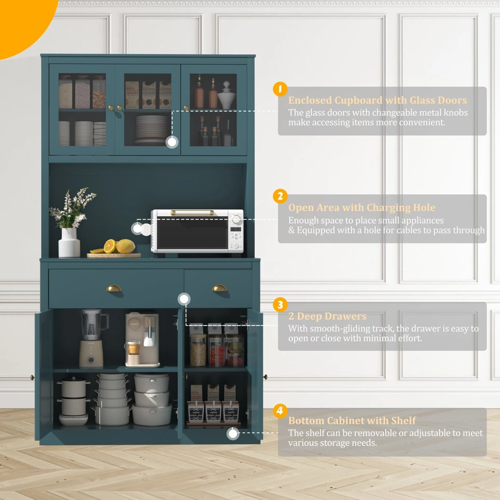 VEIKOUS Kitchen Pantry Storage Cabinet Cupboard with Framed Glass Door and Drawer