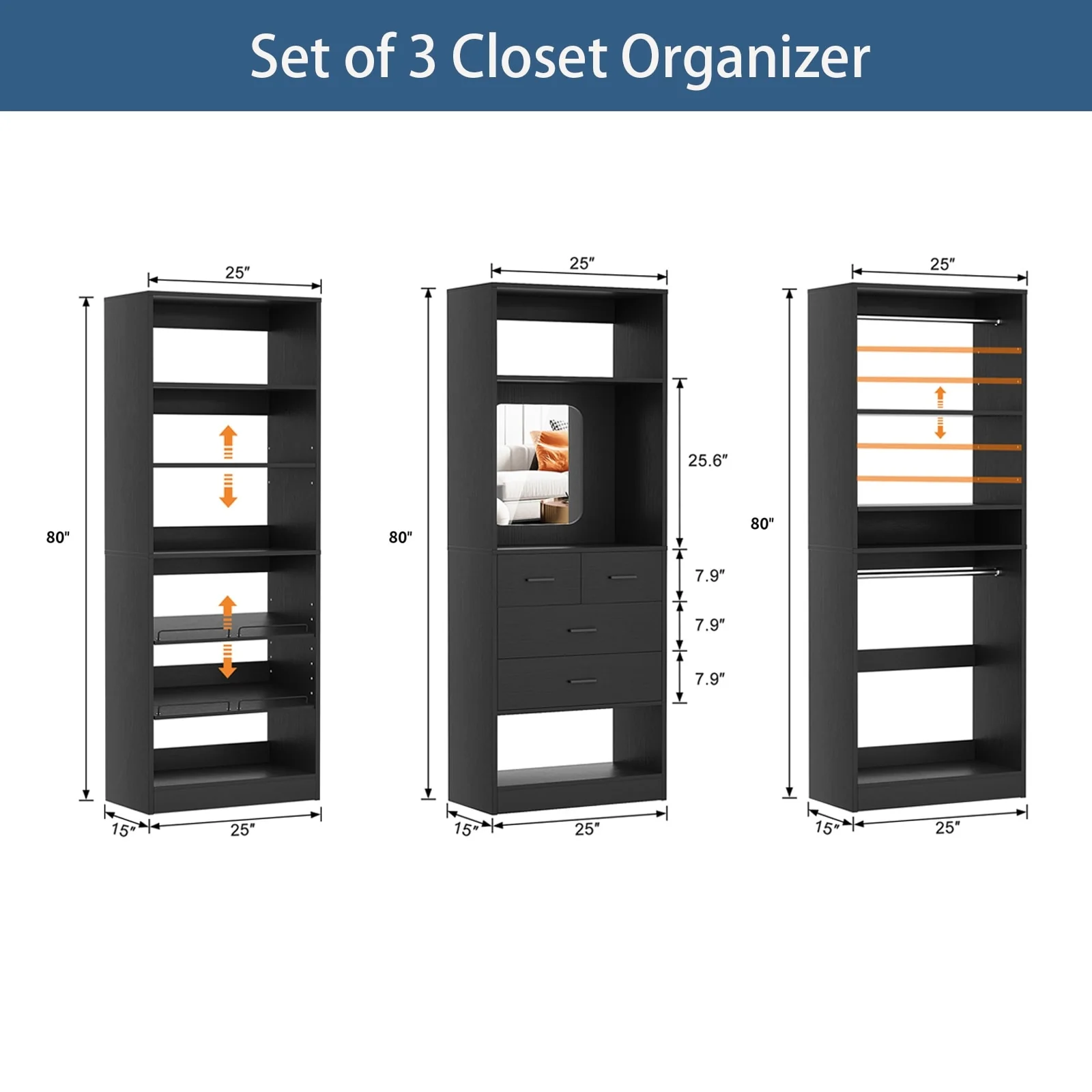 Cimly Set of 3 Freestanding Closet System with Drawers and Shoe Racks, 75'' Closet Organizer with Hanging Rods and Mirror