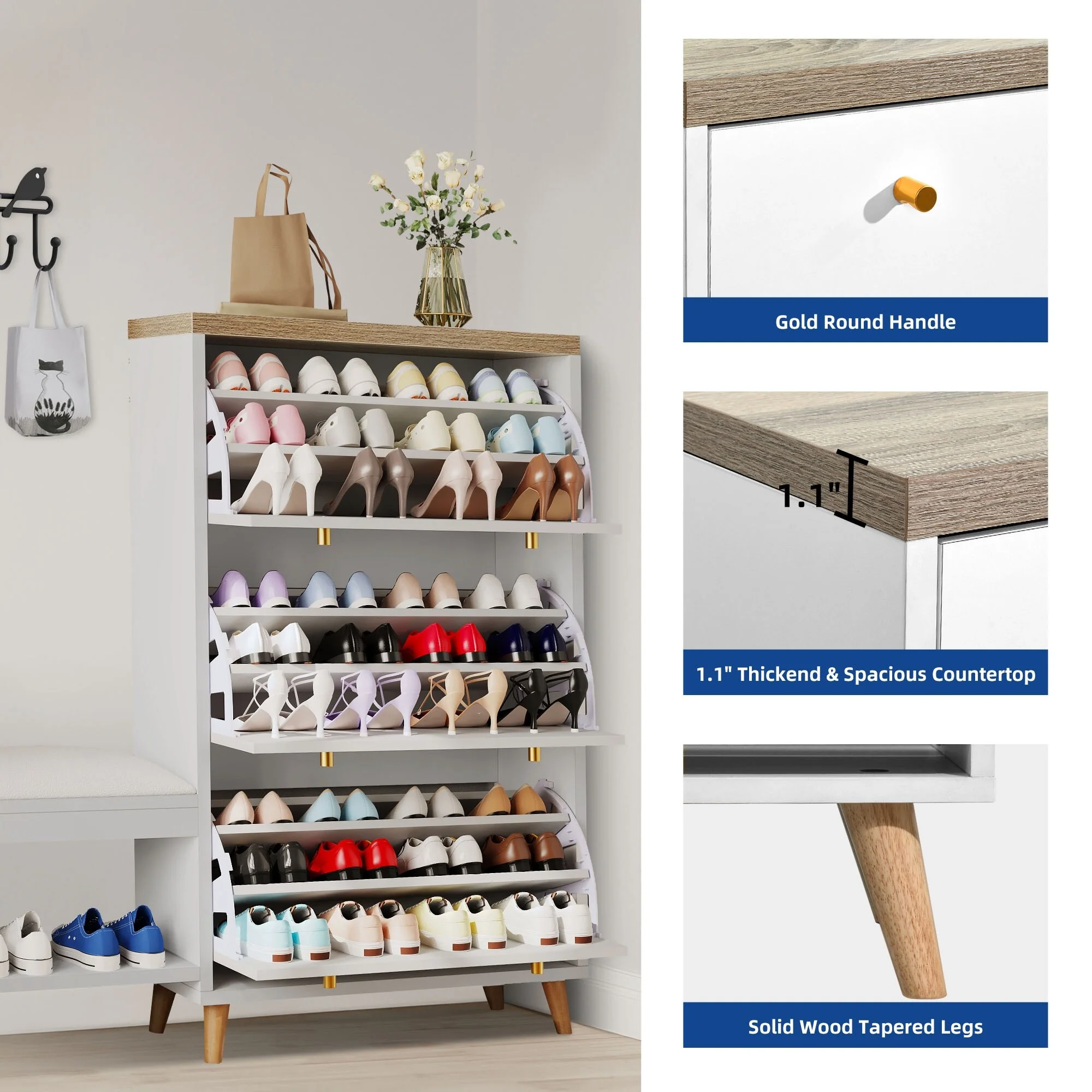 Moasis 36 Pair Shoe Storage Cabinet with 3 Flip Drawers and Shoe Bench