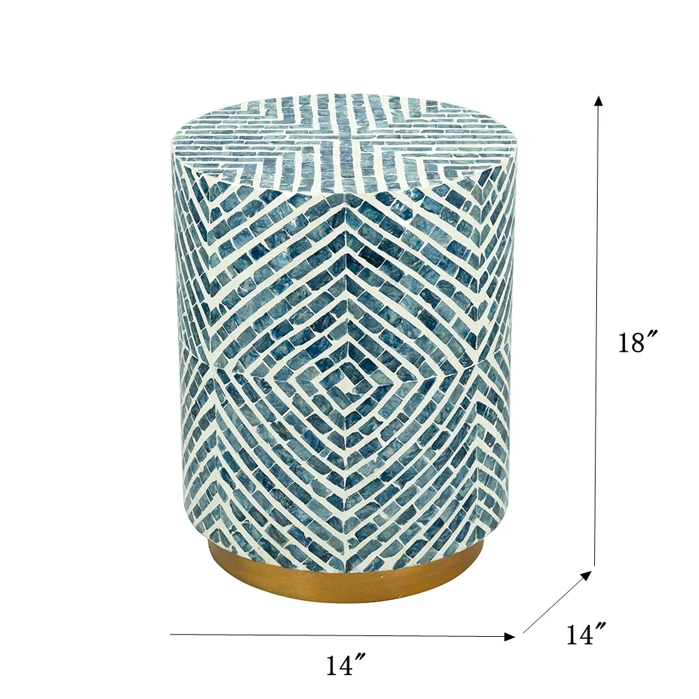 Round Blue & White Capiz Side Table