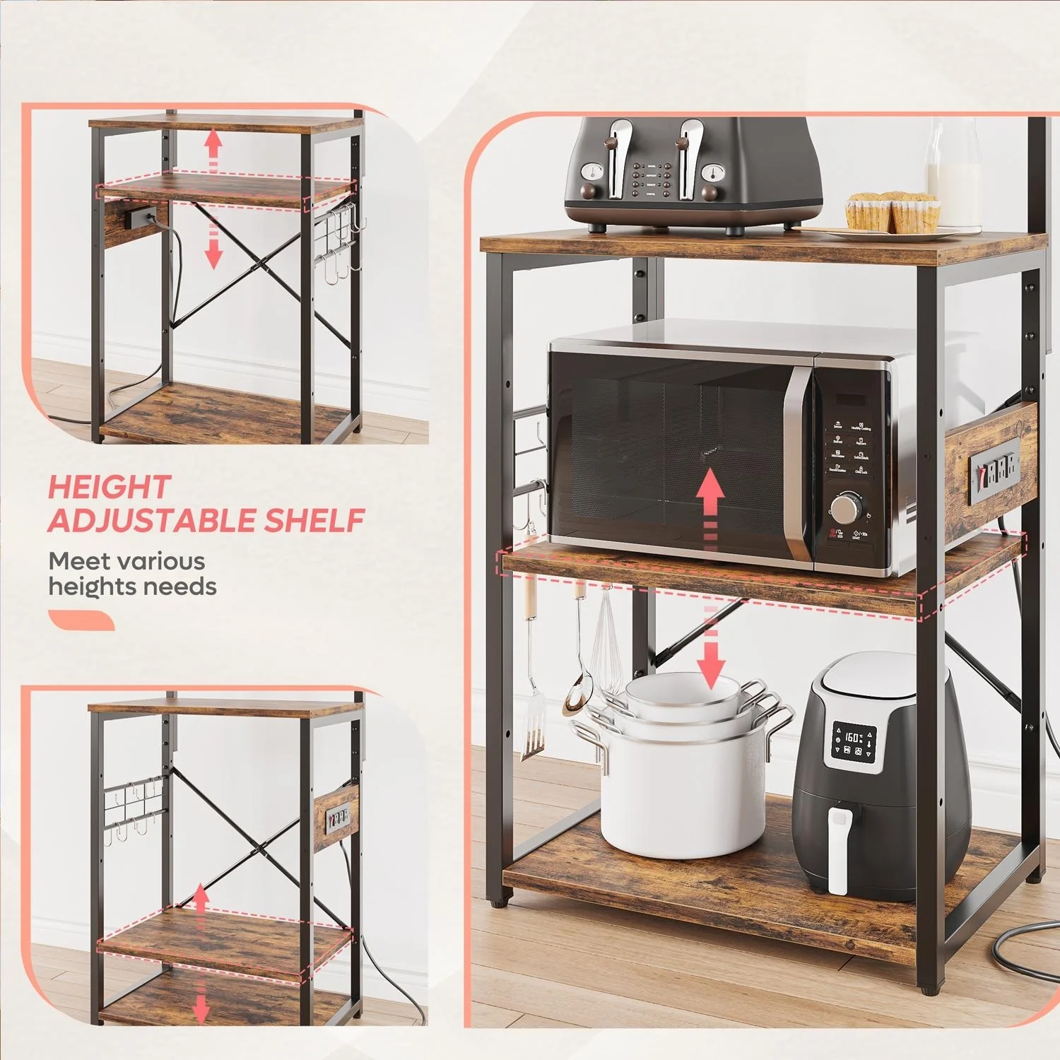 Kitchen Bakers Rack with Storage Shelves &USB Outlets, Microwave Oven Stand Kitchen Shelf Organizer