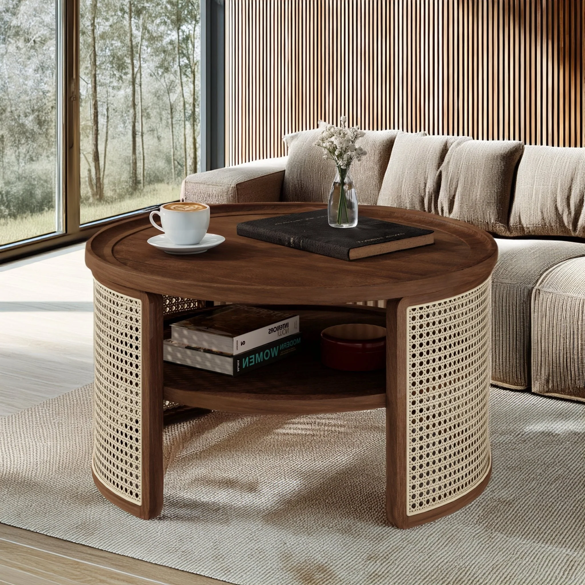 Wintered 2-Tiered Coffee Table with Rattan Base and Curved Edge Design