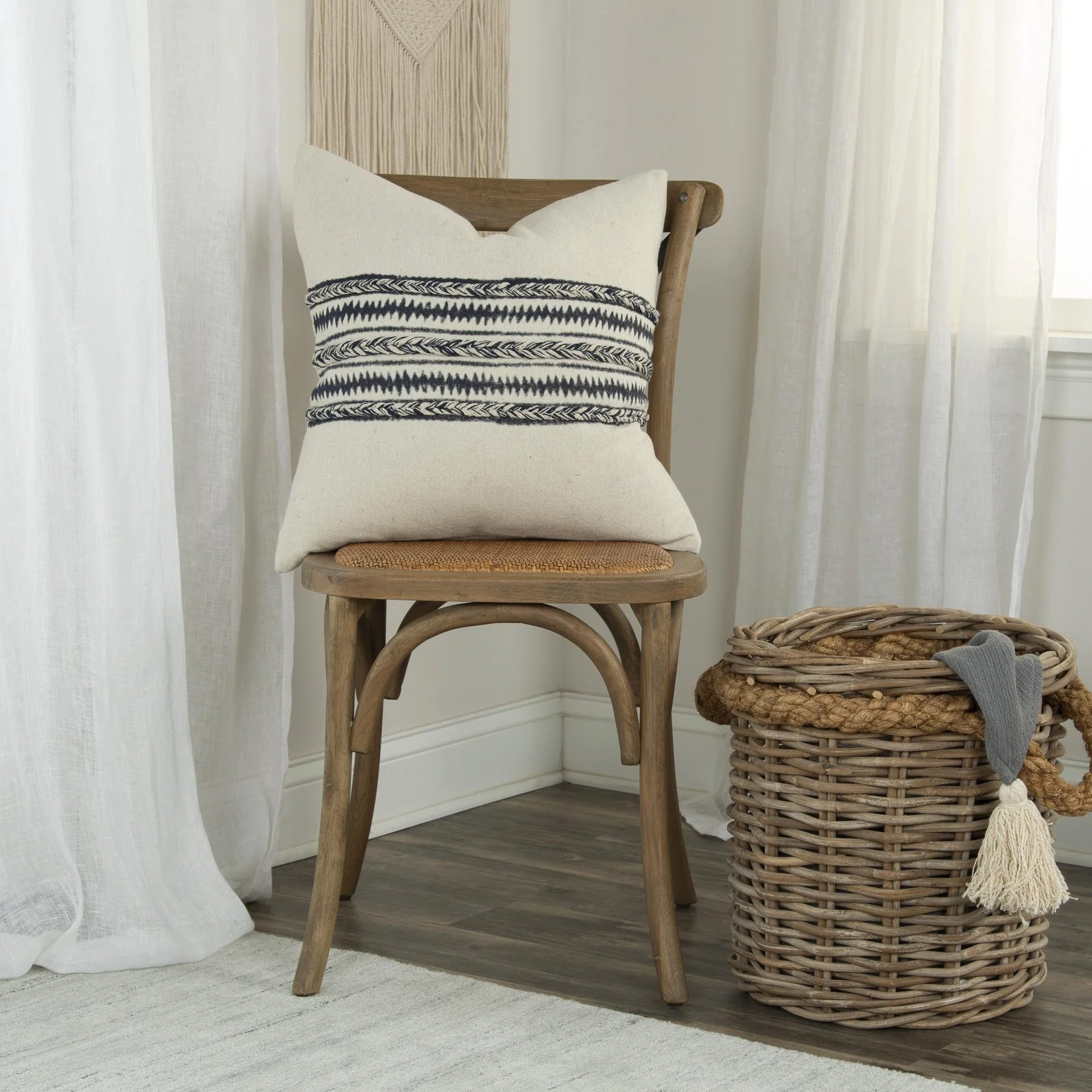 Knife Edge With Embellishment Cotton Canvas Panel And Stripe Decorative Throw Pillow