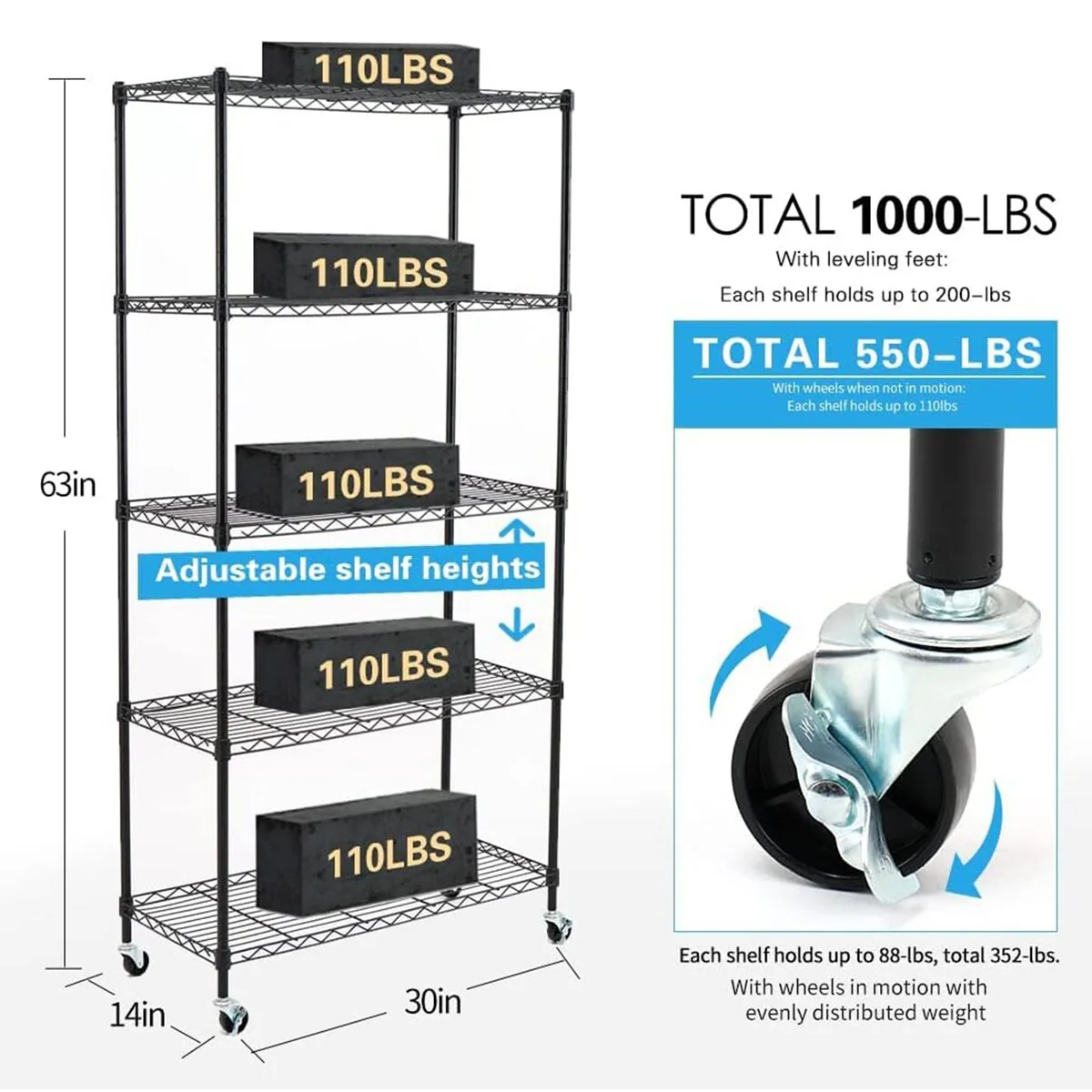 4/5-Tier Steel Shelving on Wheels with Shelf Liners Versatile Rack