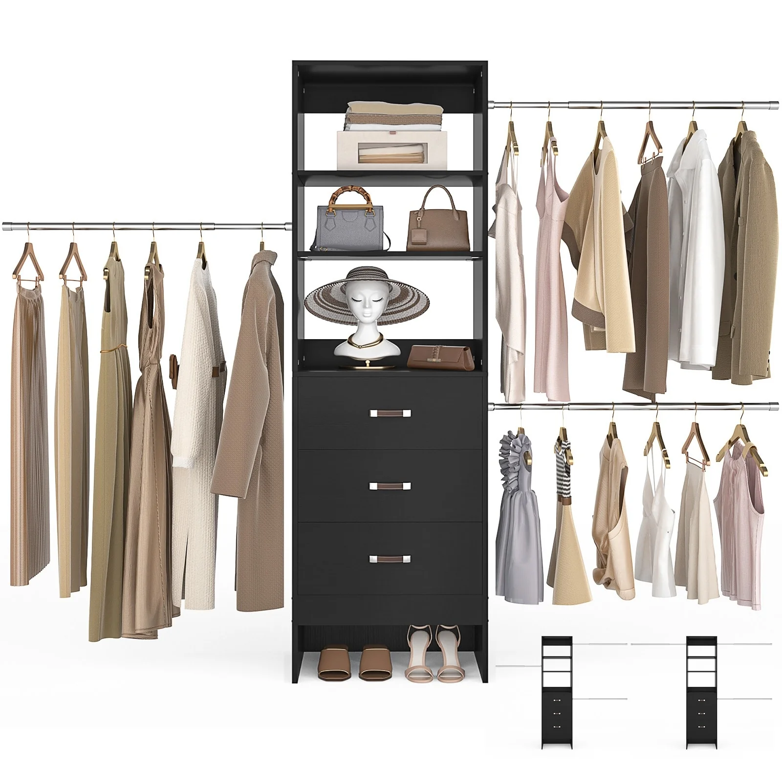 20.5-96'' W Closet Organizer System with Extendable Hanging Rods and Drawers and Tower Shelves