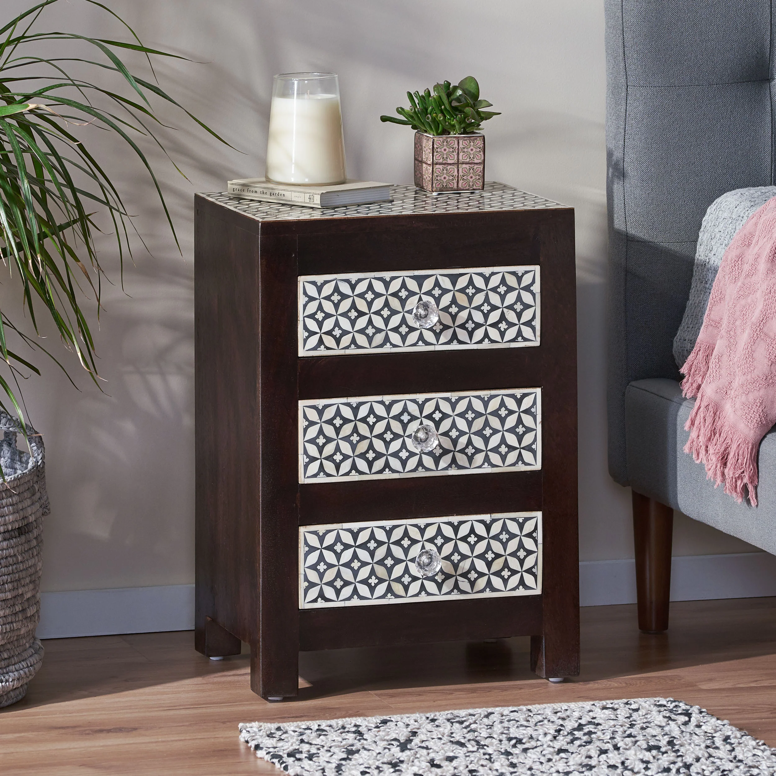 Wooden 3 Drawer Bone Fitted Nightstand