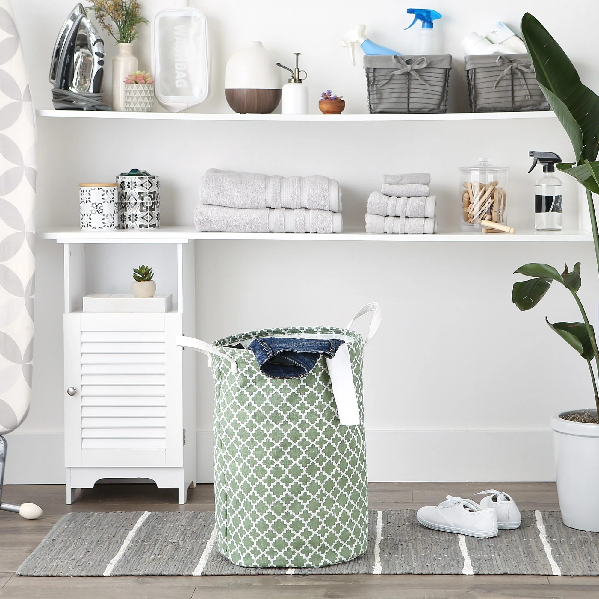 PE-Coated Cotton Polyester Laundry Hamper Lattice Round - Laundry Hamper, 13.5x13.5x20