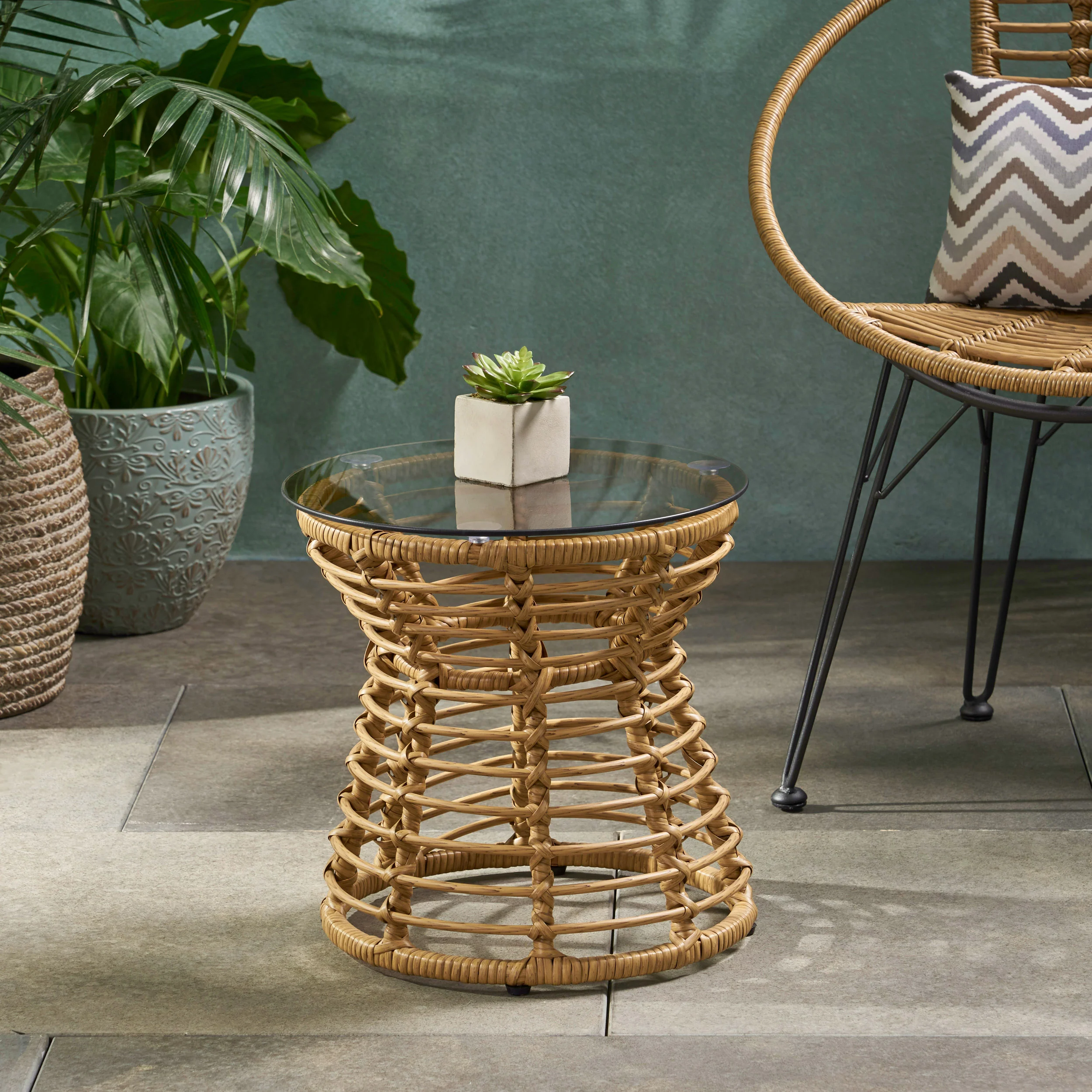 Outdoor Rattan Side Table with Metal Frame