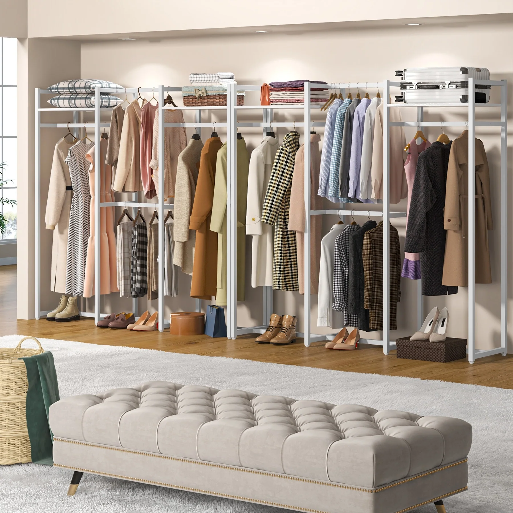 Free Standing Closet Organizer with Hanging Rods, Garment Rack Heavy Duty Clothes Rack with Storage Shelves, Max Load 500LBS
